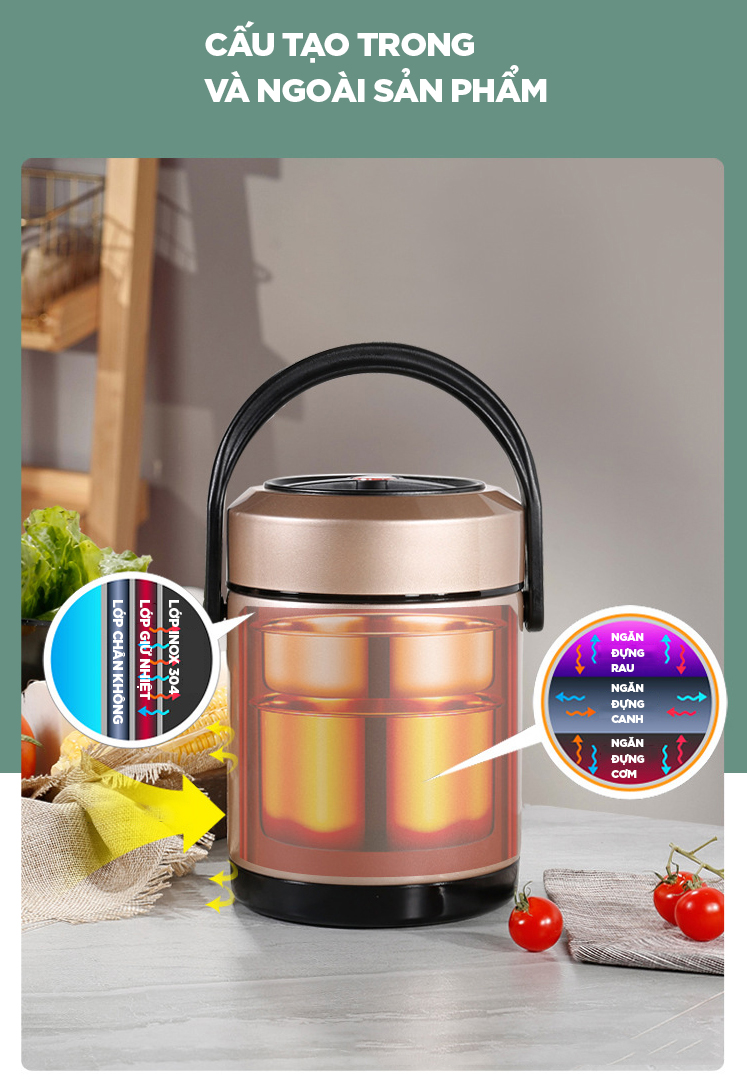 Mô tả Hộp cơm văn phòng giữ nhiệt 3 tầng Hộp Cơm Inox 304 cao cấp giữ nhiệt lâu 6 - 8 tiếng YESURE - Hàng chính hãng - 6