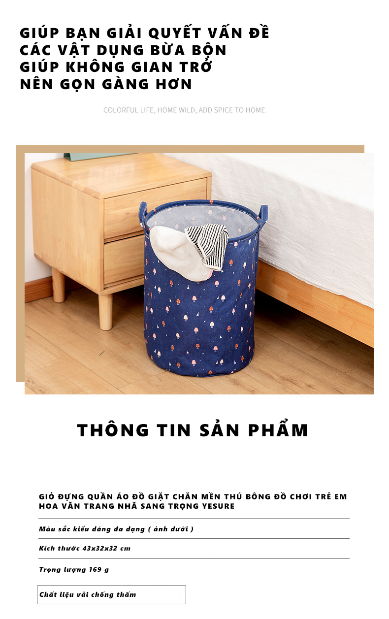 Mô tả Giỏ Đựng Quần Áo Đồ Giặt Chăn Mền Thú Bông Đồ Chơi Trẻ Em Hoa Văn Trang nhã Sang Trọng YESURE HOME DECOR - 2