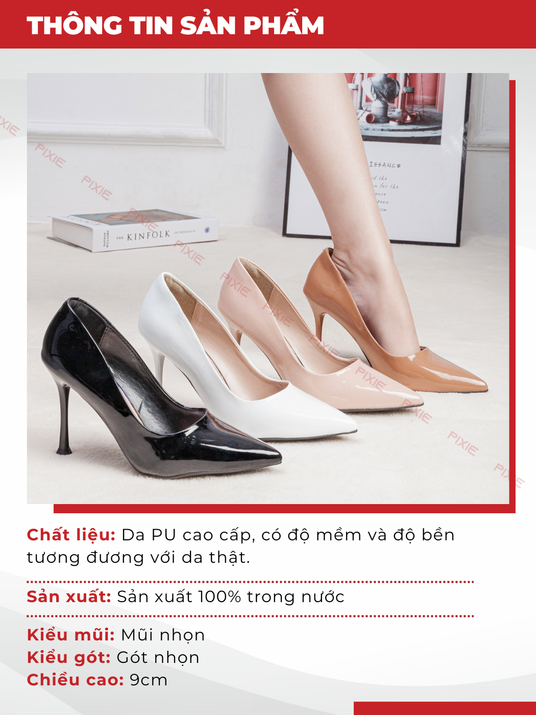 Mô tả Giày Cao Gót 9cm Da Bóng Mũi Nhọn Basic Pixie P746 - 4