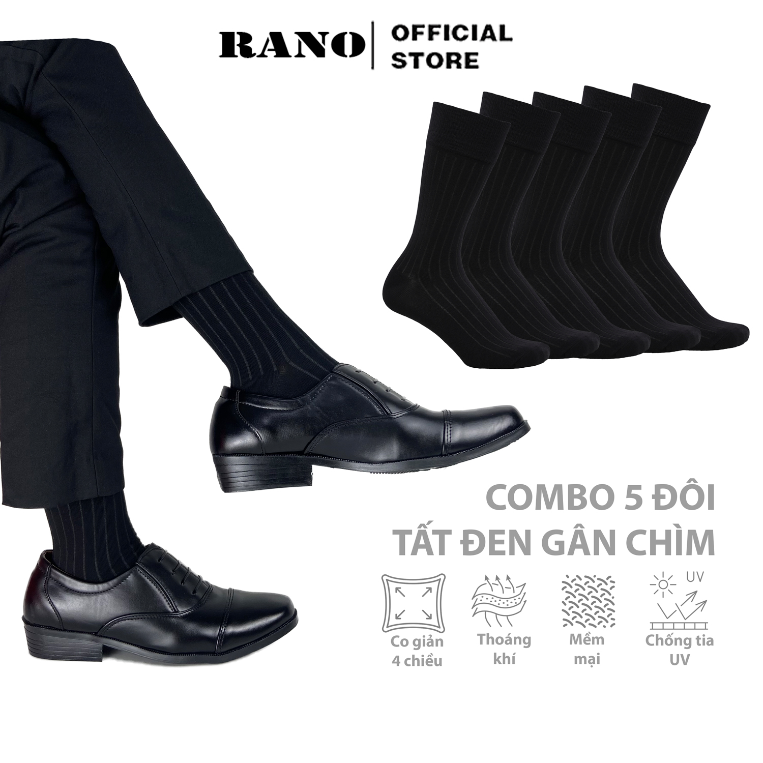 Mô tả Combo 5 đôi tất vớ nam cổ cao công sở RANO gân chìm, chất liệu cotton cao cấp thoáng khí co giãn 4 chiều màu đen - 1