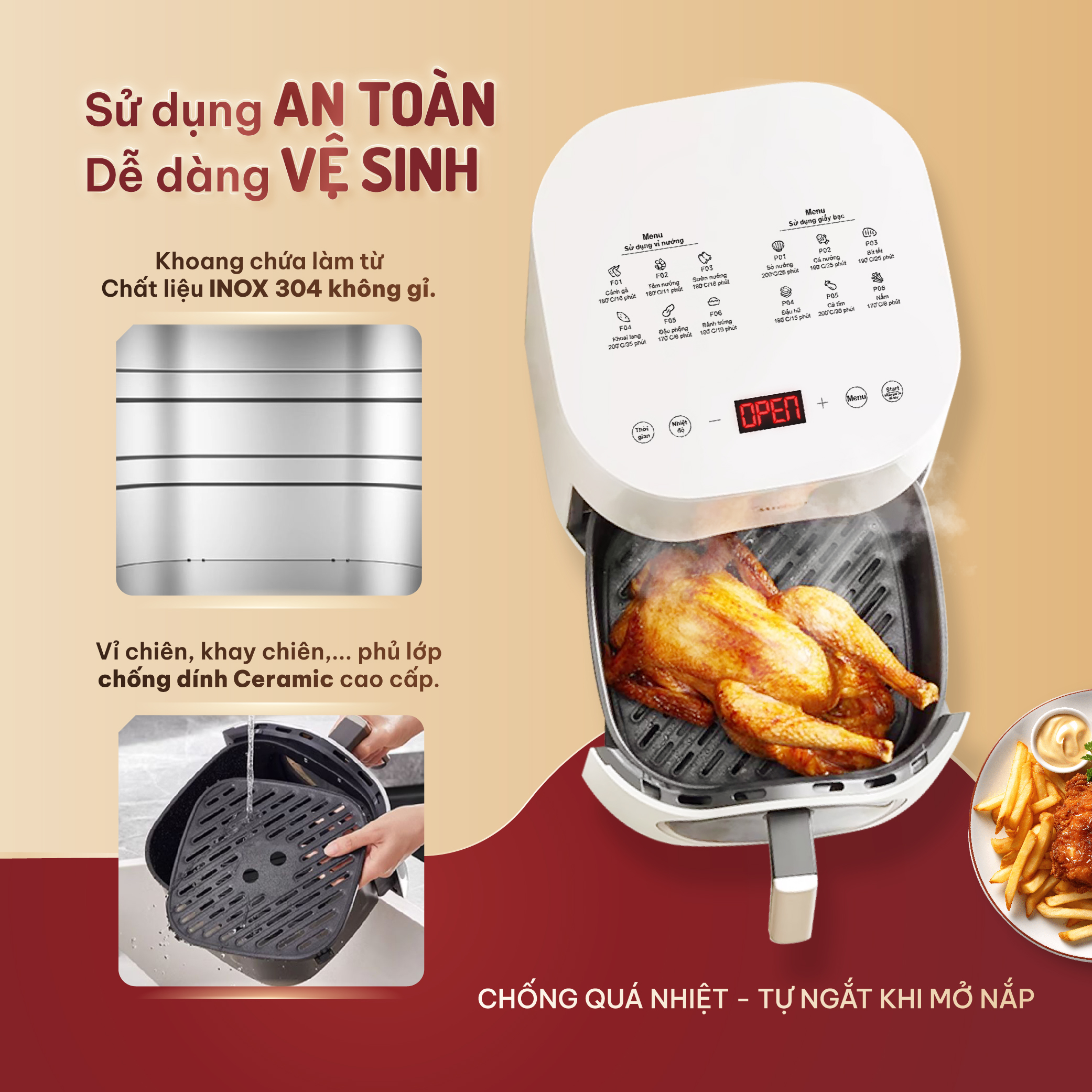 Mô tả Nồi chiên không dầu Masuto MSQueen 6L màn hình cảm ứng đốt 2 tầng đối lưu không cần trở lật - 5