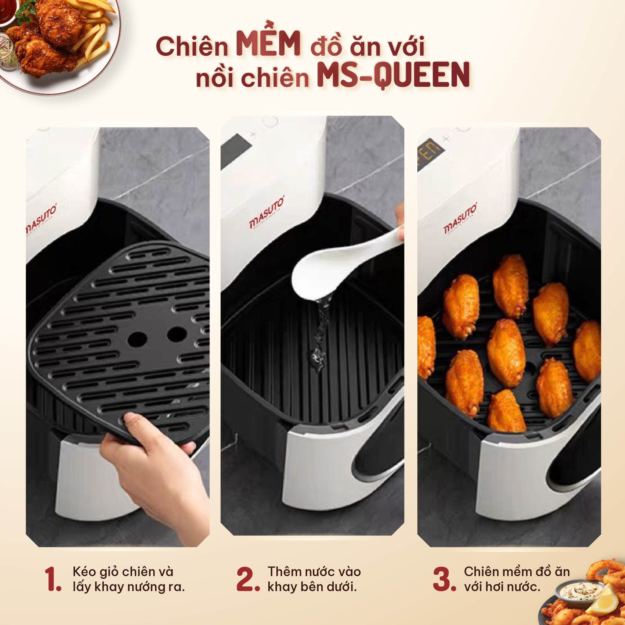 Mô tả Nồi chiên không dầu Masuto MSQueen 6L màn hình cảm ứng đốt 2 tầng đối lưu không cần trở lật - 7