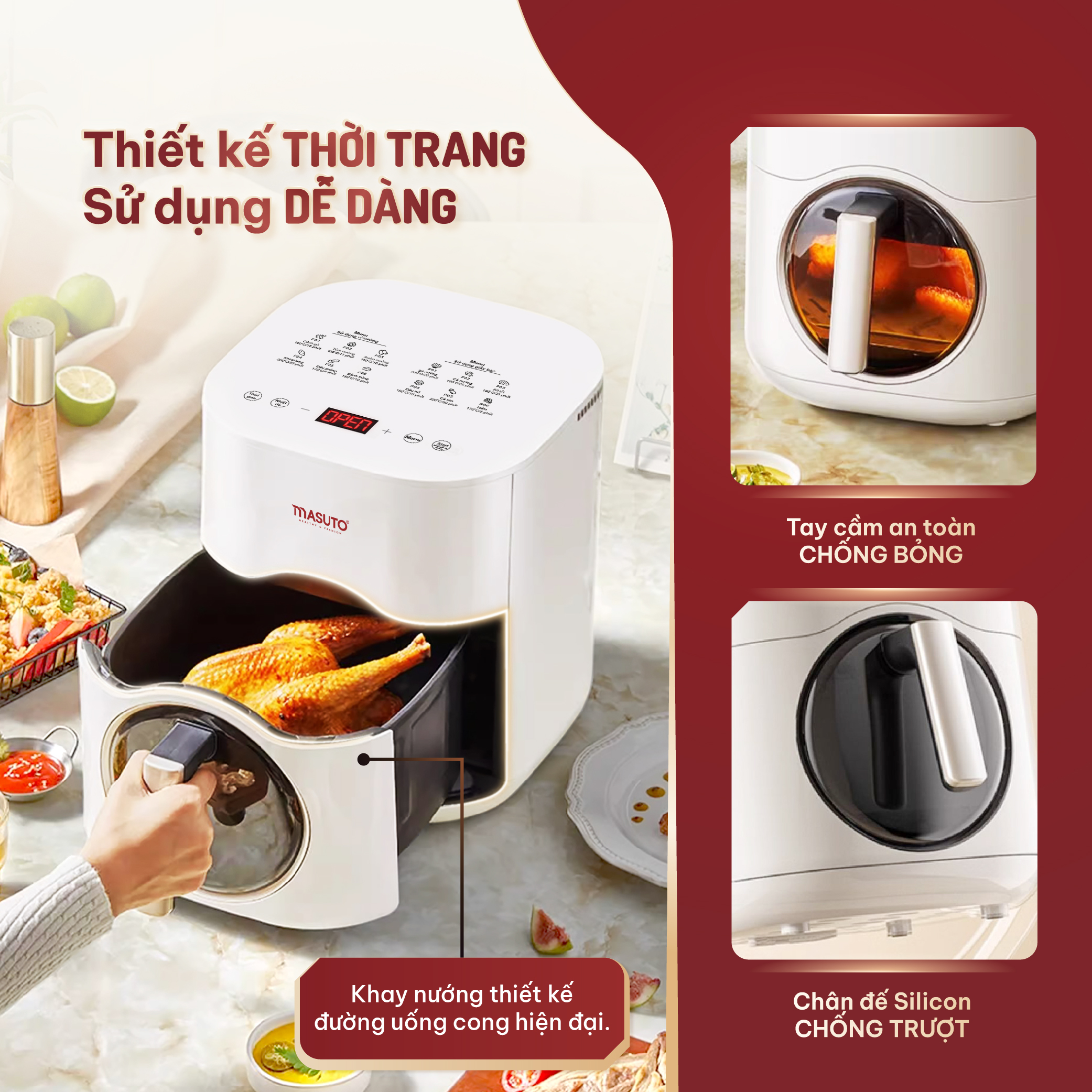 Mô tả Nồi chiên không dầu Masuto MSQueen 6L màn hình cảm ứng đốt 2 tầng đối lưu không cần trở lật - 6