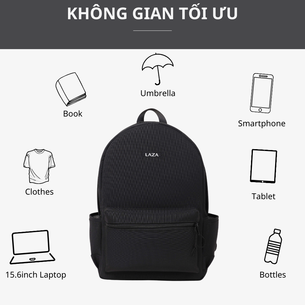 Mô tả Balo laptop thời trang LAZA 438 - chất liệu polyester chống thấm chứa được laptop 15.6in - 3
