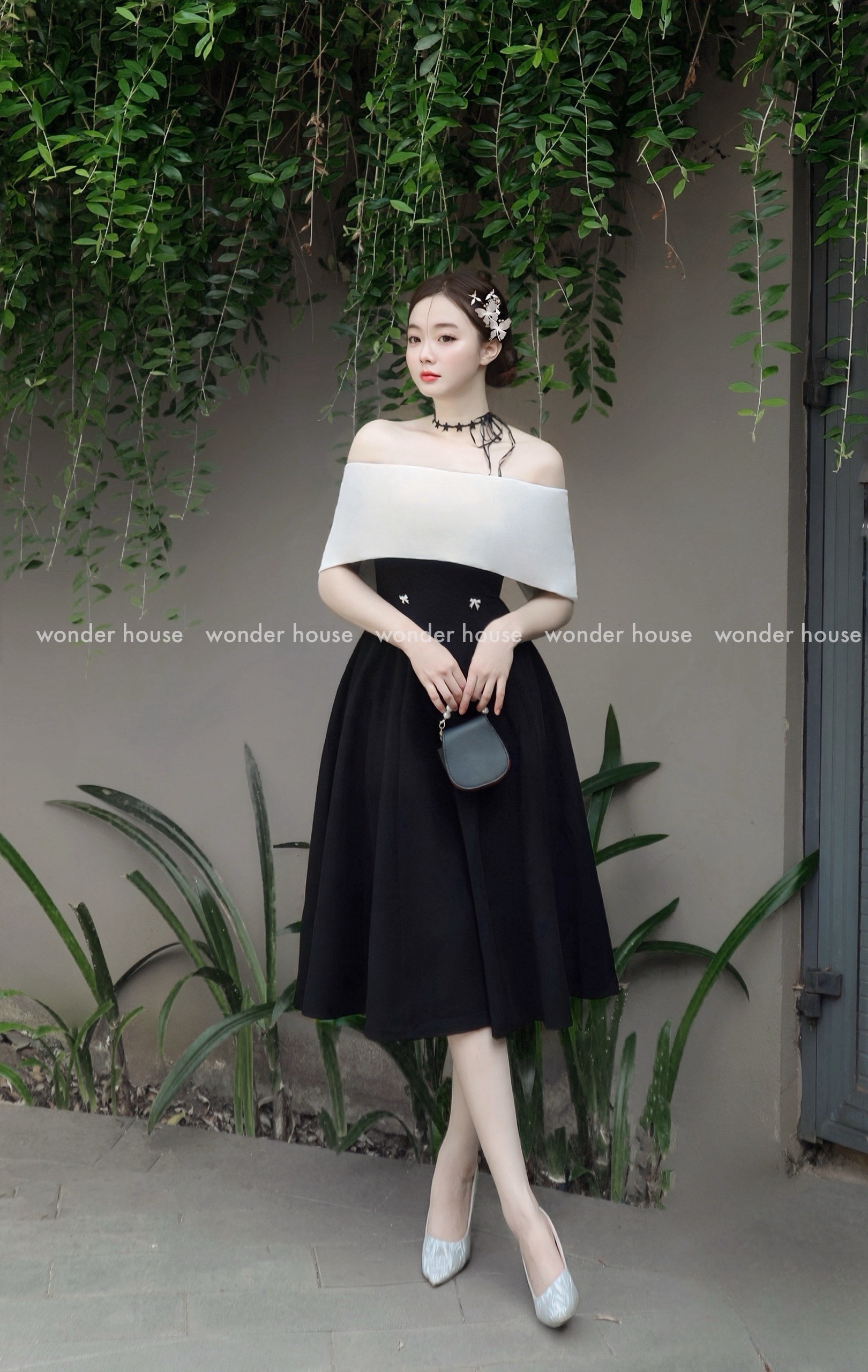 Mô tả WONDERHOUSE Mia Deess đầm trễ vai phối trắng dáng xòe chất vải dày dặn dự tiệc sang chảnh, dạo phố nữ tính - 2