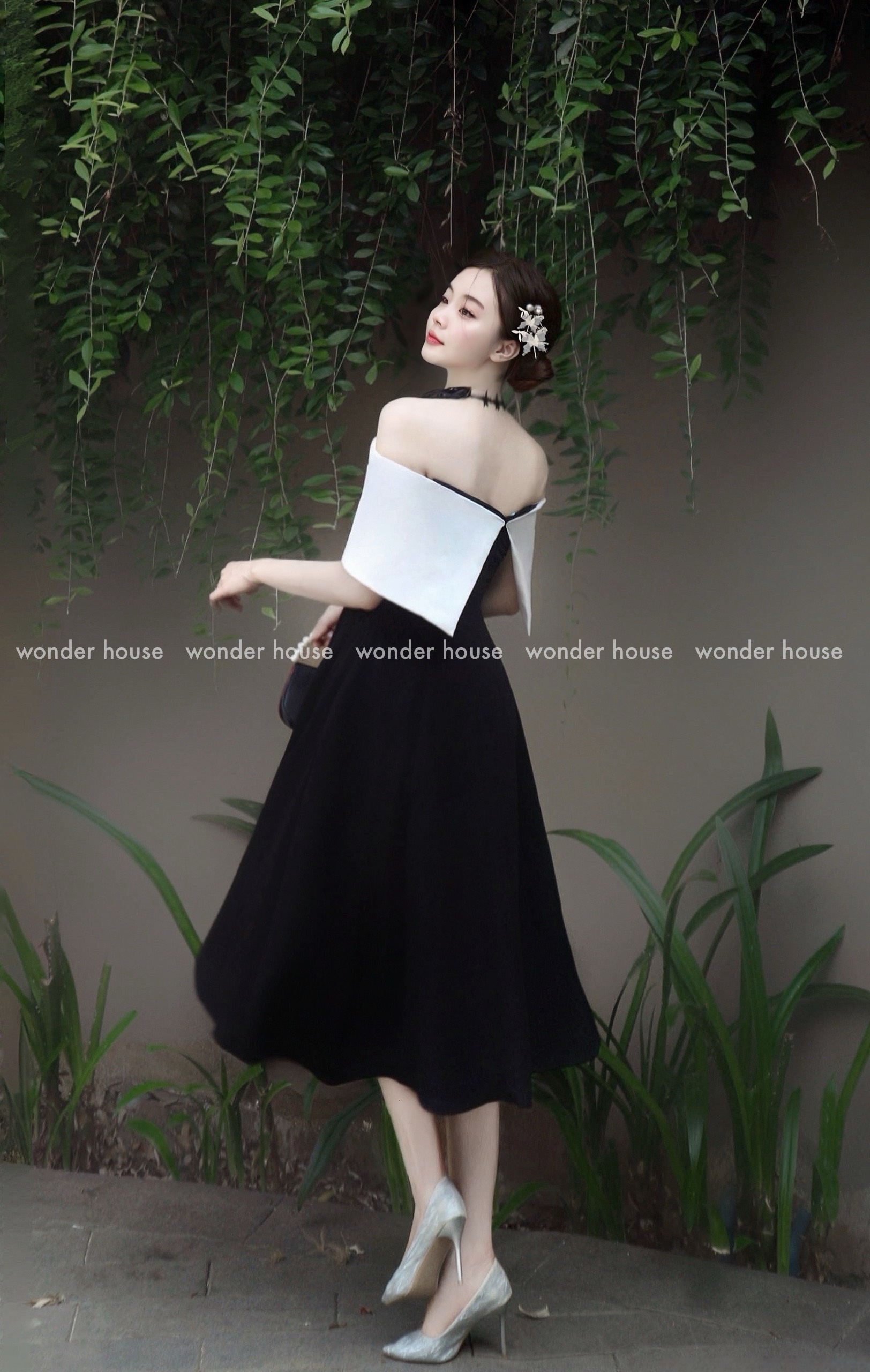 Mô tả WONDERHOUSE Mia Deess đầm trễ vai phối trắng dáng xòe chất vải dày dặn dự tiệc sang chảnh, dạo phố nữ tính - 3