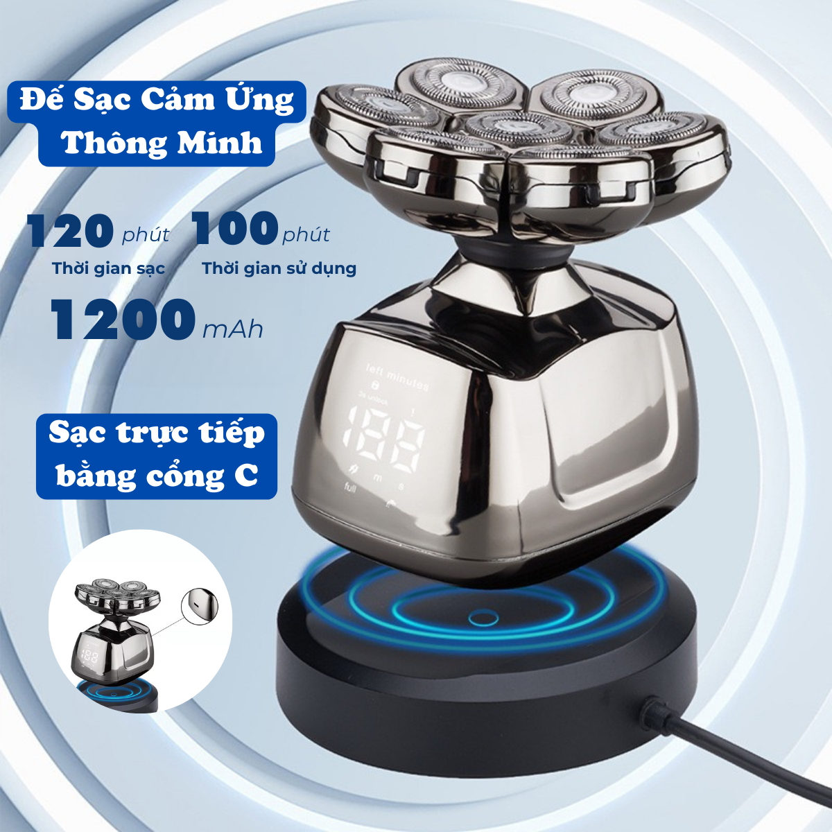 Mô tả Máy Cạo Râu Không Dây Đa Năng Nanomax JK 1360 Lưỡi Dao Veener Vòng Đôi Chống Thấm Nước IPX6 Đế Sạc Cảm Ứng Tặng Kèm 6 Đầ - 5
