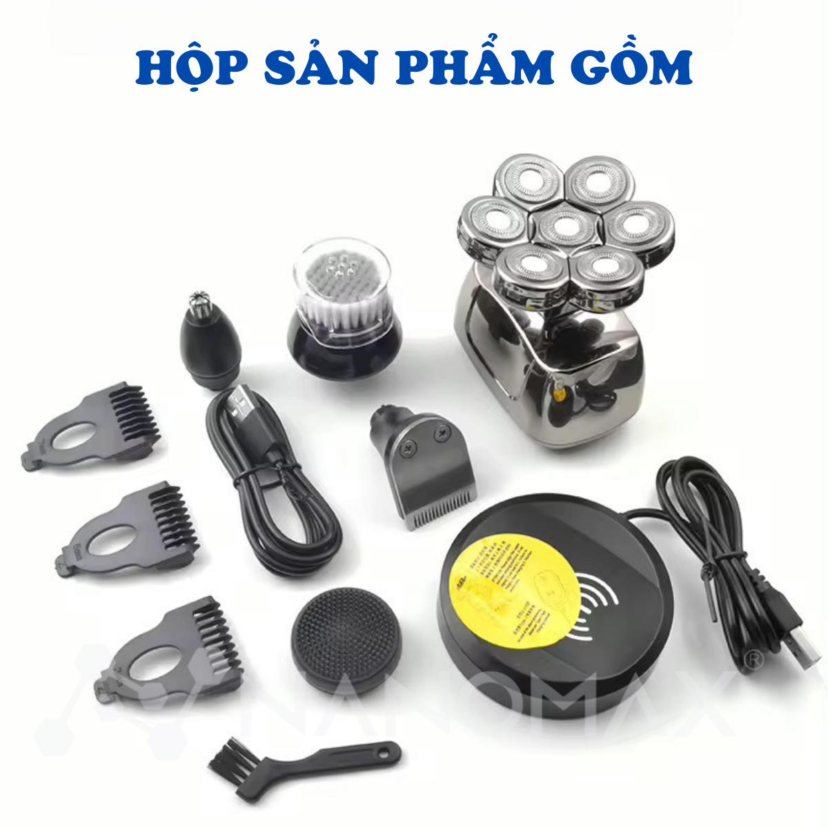 Mô tả Máy Cạo Râu Không Dây Đa Năng Nanomax JK 1360 Lưỡi Dao Veener Vòng Đôi Chống Thấm Nước IPX6 Đế Sạc Cảm Ứng Tặng Kèm 6 Đầ - 11