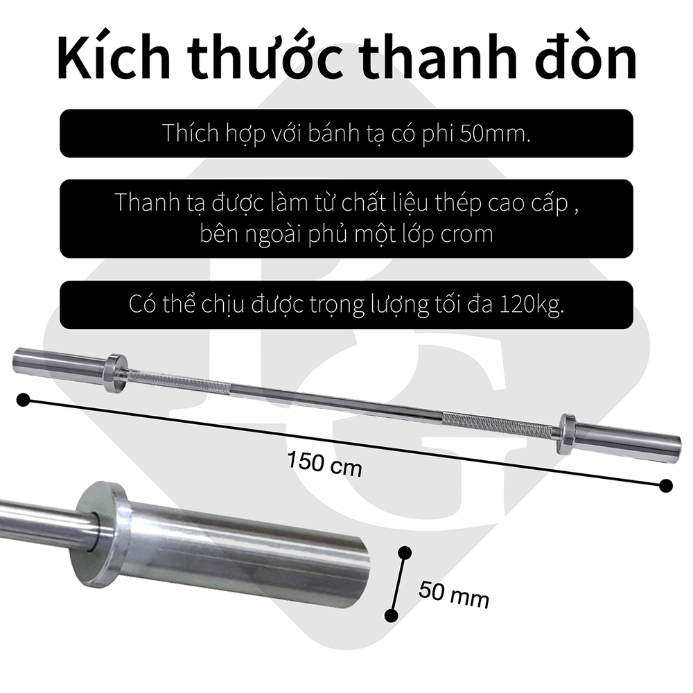 Mô tả BG - Dài 1.5m,phù hợp với bánh tạ phi 25-50mm Thanh đòn , tạ đòn thép đặc mạ crom chất lượng cao - 3