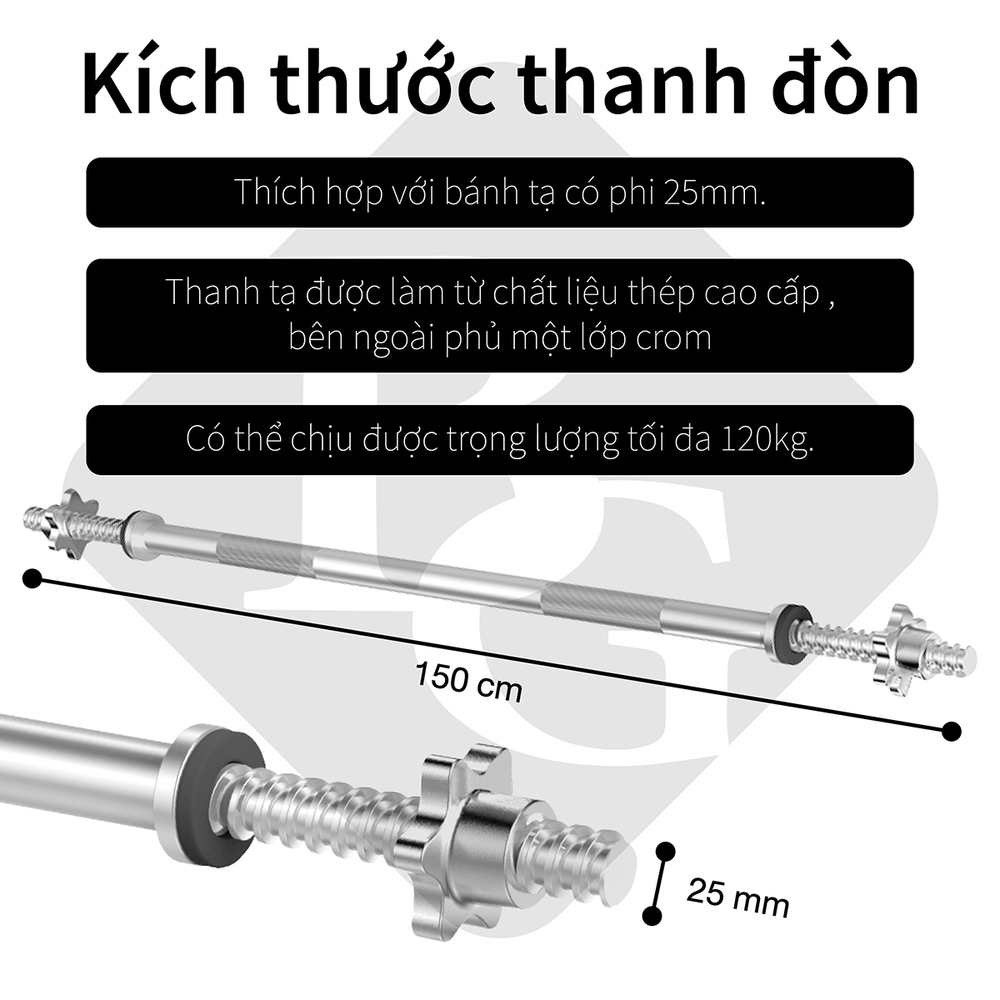 Mô tả BG - Dài 1.5m,phù hợp với bánh tạ phi 25-50mm Thanh đòn , tạ đòn thép đặc mạ crom chất lượng cao - 4
