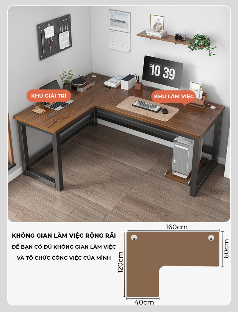 Bàn làm việc góc Chữ L khung thép 40x40 mặt gỗ MDF 25mm tận dụng không ...
