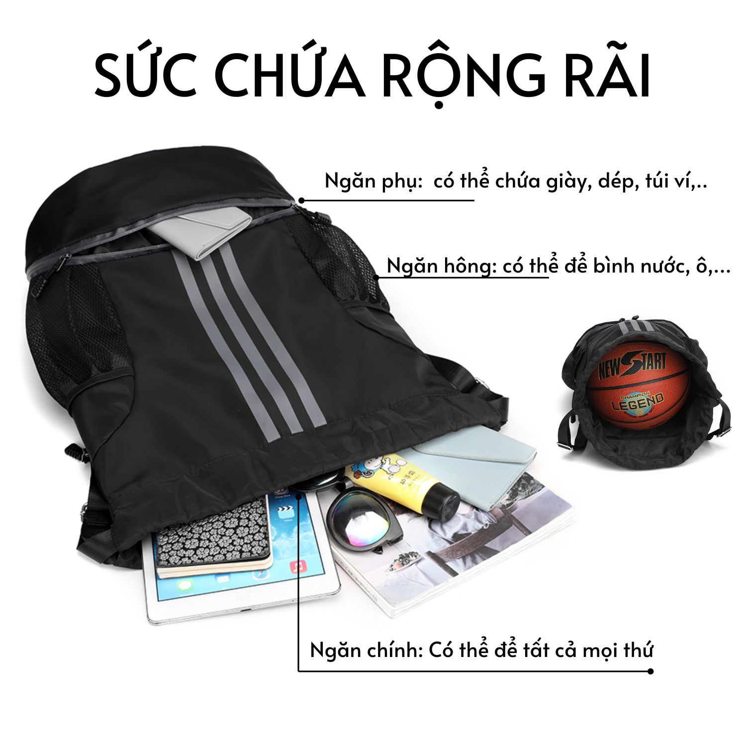 Ba Lô Thể Thao Dây Rút 3 Sọc Dọc Gấp Gọn Nhiều Ngăn Đựng Giày Chống ...