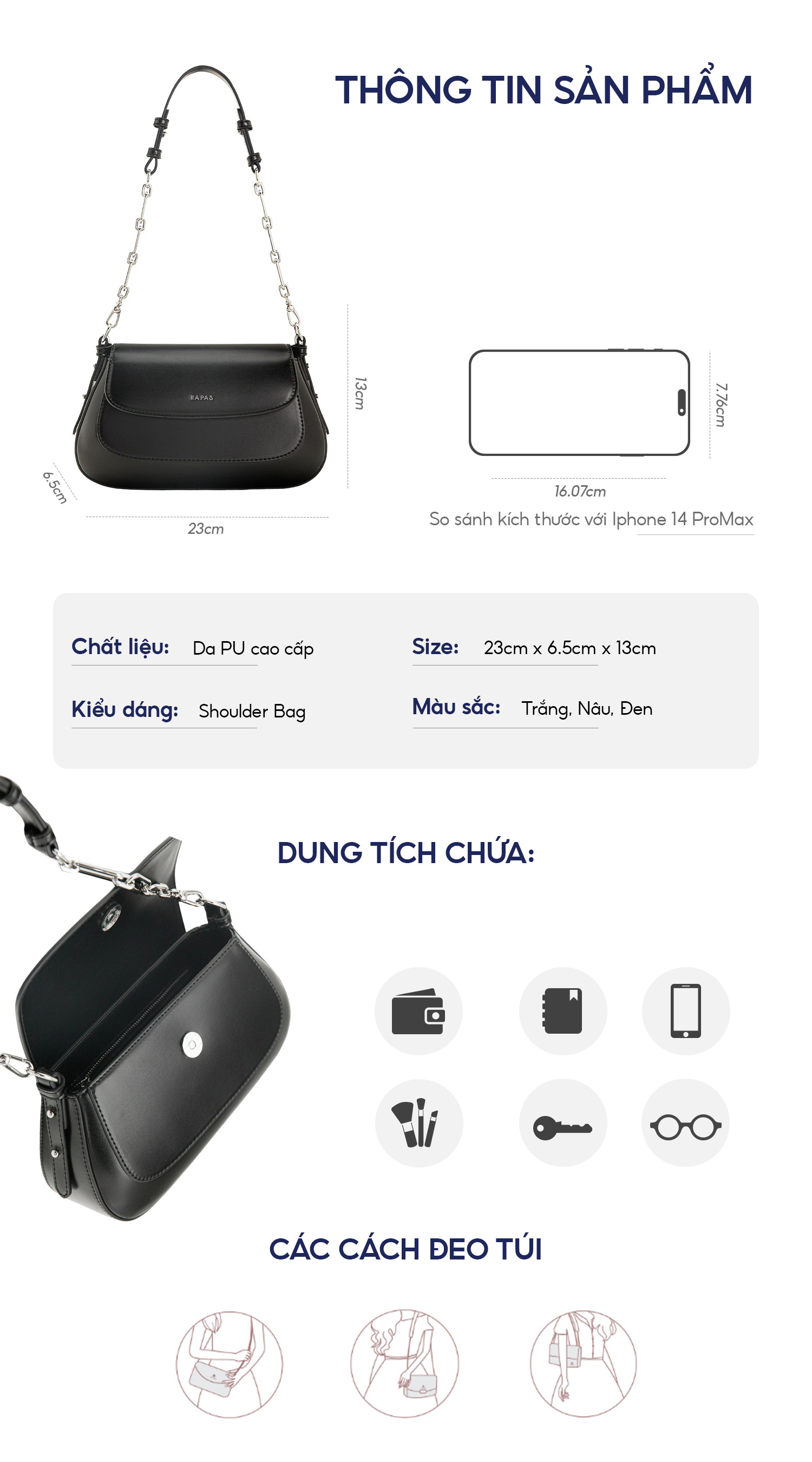 Mô tả Túi Xách Nữ Hobo Nắp Gập Chain Handle Sz 23 HAPAS - TDV24037 - 1