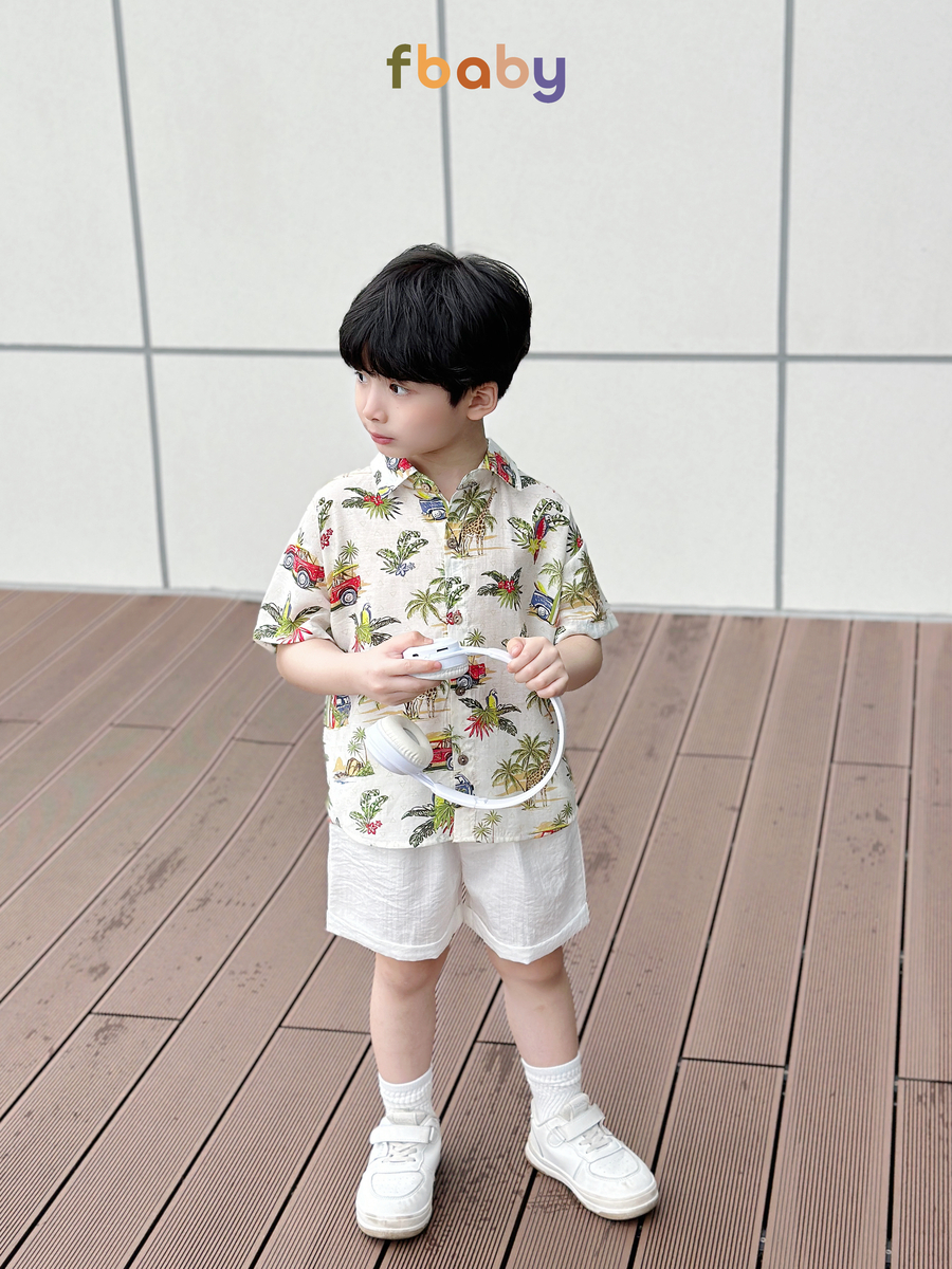 Mô tả Set bộ sơ mi cộc tay bé trai áo đũi họa tiết ô tô, cây dừa cổ đức quần đũi Fbaby mặc đi chơi, du lịch, đi biển FB1024 - 1