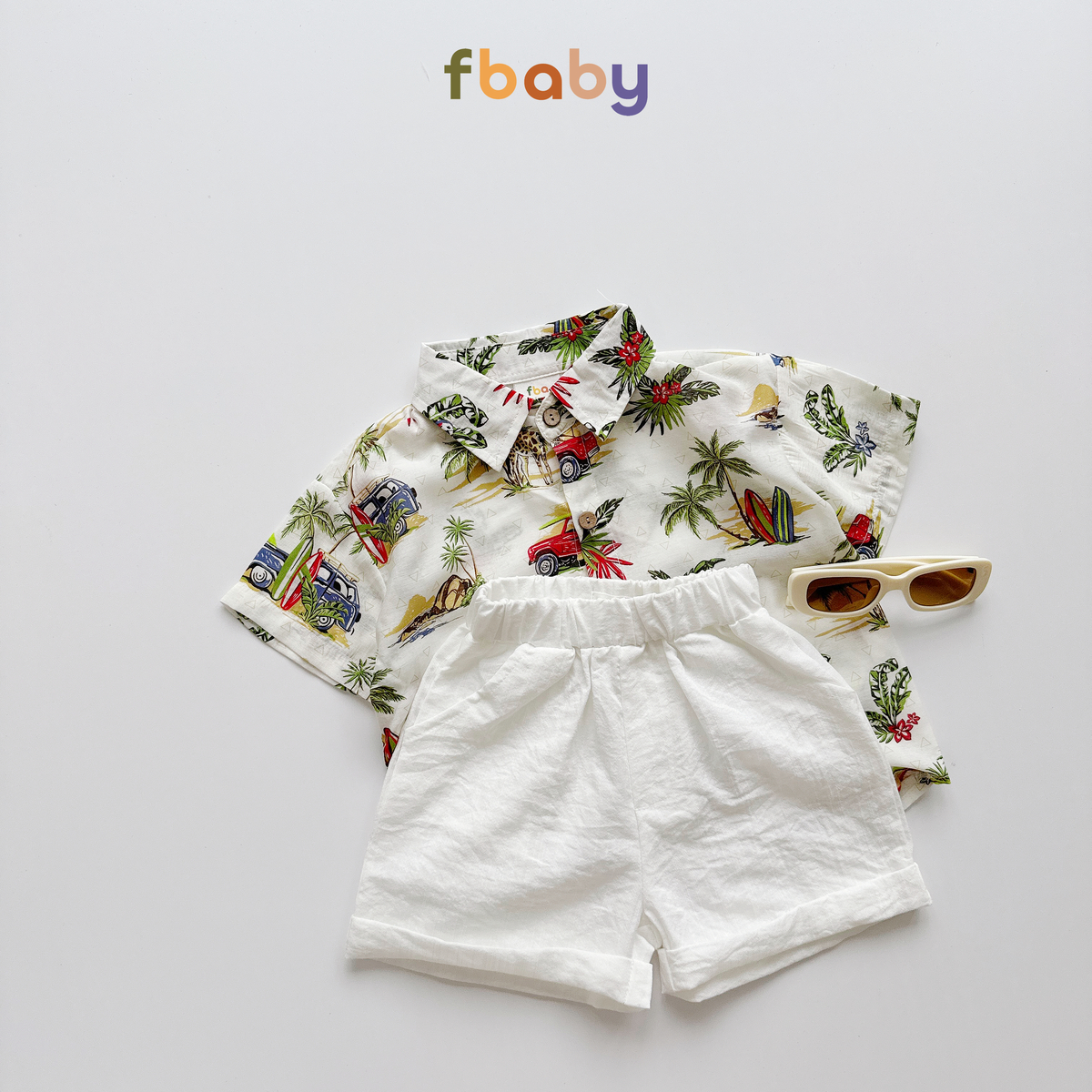 Mô tả Set bộ sơ mi cộc tay bé trai áo đũi họa tiết ô tô, cây dừa cổ đức quần đũi Fbaby mặc đi chơi, du lịch, đi biển FB1024 - 2