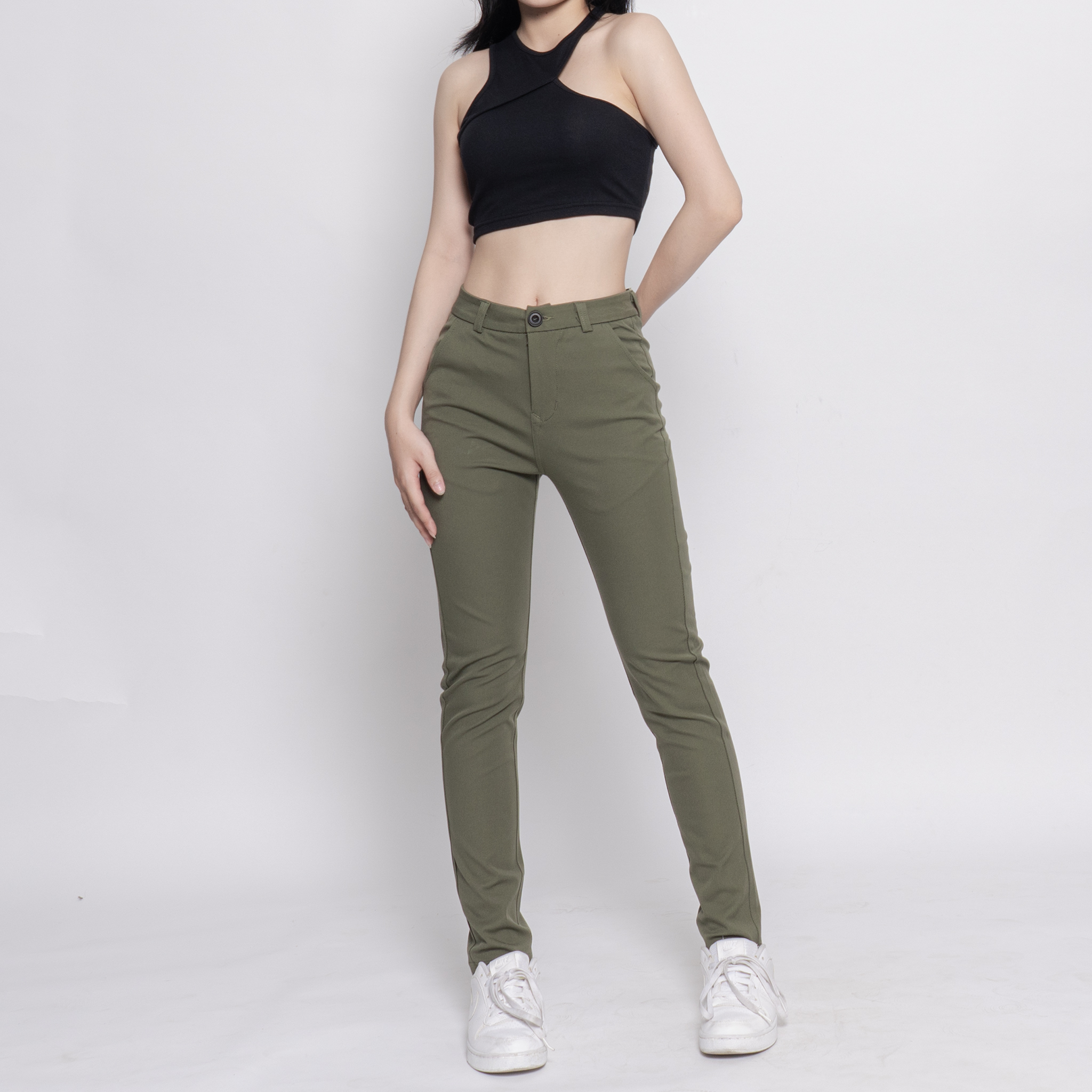 Mô tả Quần kaki nữ KQ STYLING ống đứng ôm dáng co giãn 4 chiều mềm mịn Rêu Nhạt cao cấp - 1