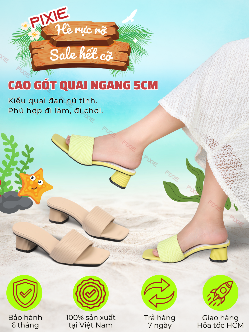 Mô tả Guốc Cao Gót Nữ 5cm Quai Kẻ Ngang Pixie E117 - 1