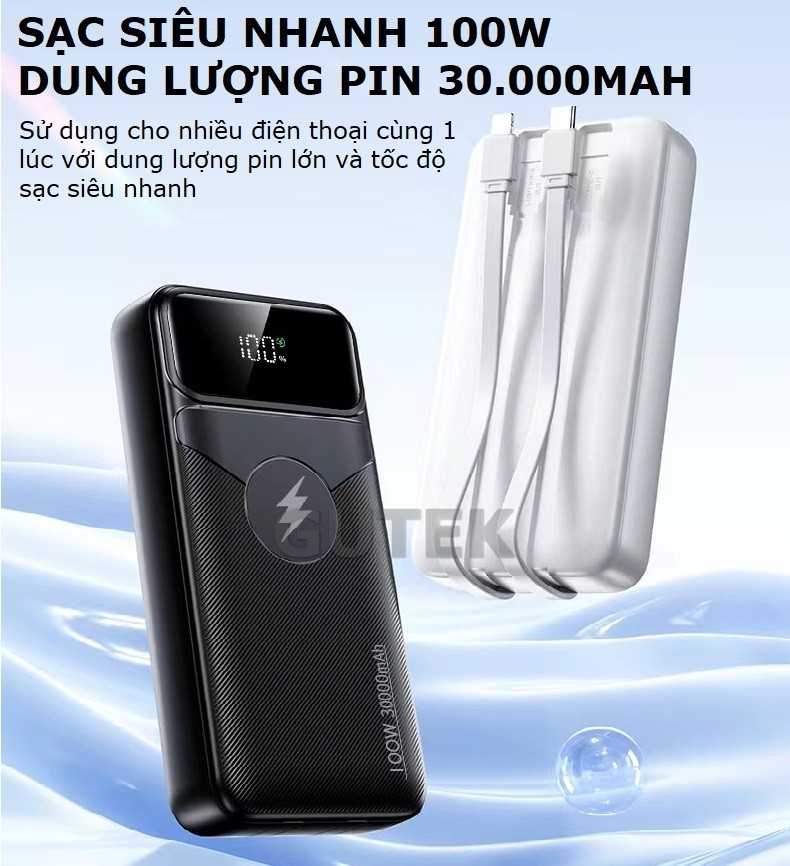 Mô tả Sạc dự phòng 30000mah sạc nhanh 100w pin dung lượng lớn có sẵn dây cho nhiều điện thoại - Gutek DX66 - 4