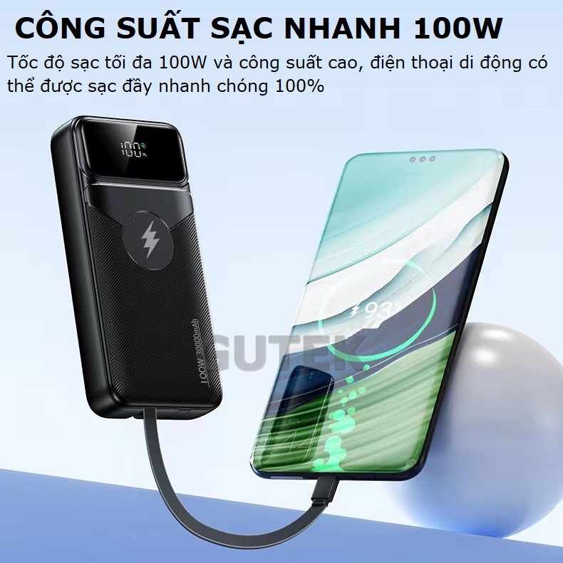 Mô tả Sạc dự phòng 30000mah sạc nhanh 100w pin dung lượng lớn có sẵn dây cho nhiều điện thoại - Gutek DX66 - 5