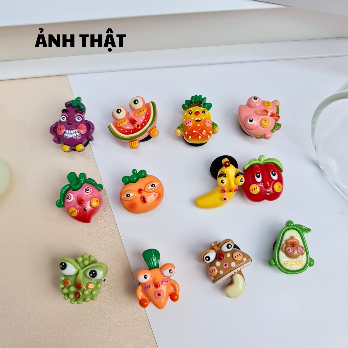 Bộ 12 Sticker, Charm 3D chủ đề trái cây xấu xí Mayto gắn Dép Cross, Dép ...