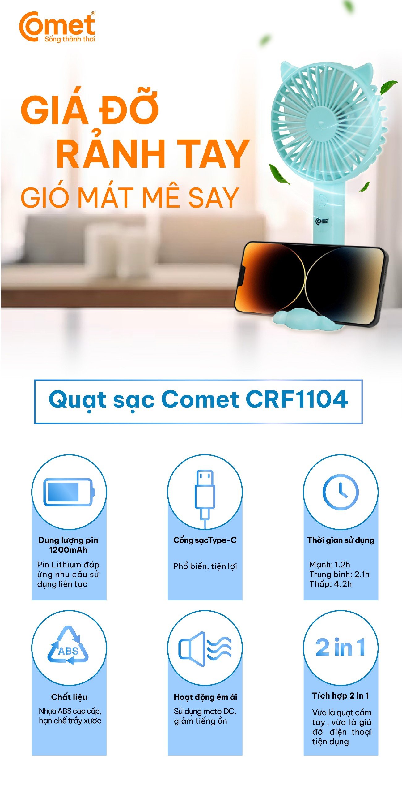 Mô tả Quạt Sạc Cầm Tay COMET CRF1104 Công Suất 3W, Pin 1200mAh, Có Đế Rời, Kích Thước Nhỏ Gọn - 1