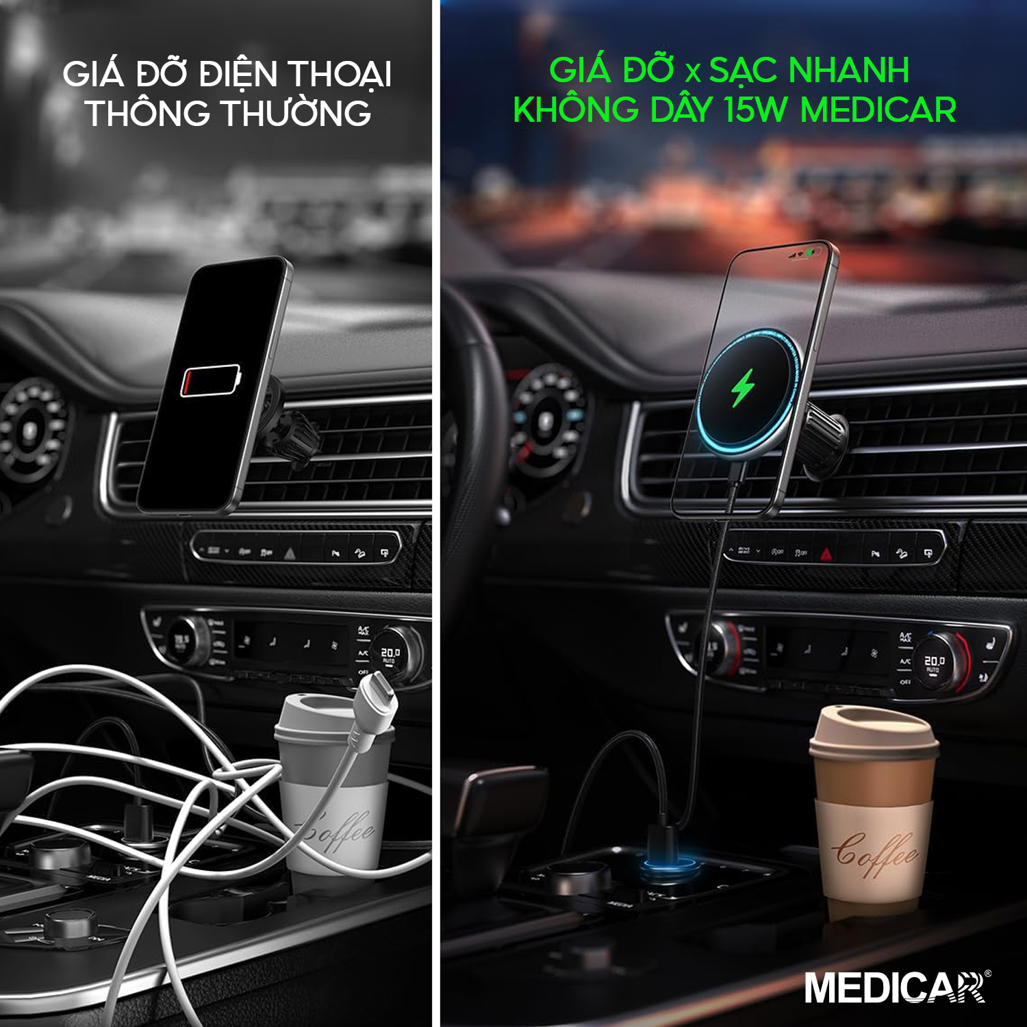 Mô tả Giá đỡ từ tính kiêm sạc nhanh không dây ô tô 15W Medicar V3, kẹp điện thoại xe hơi 2 trong 1 - 2
