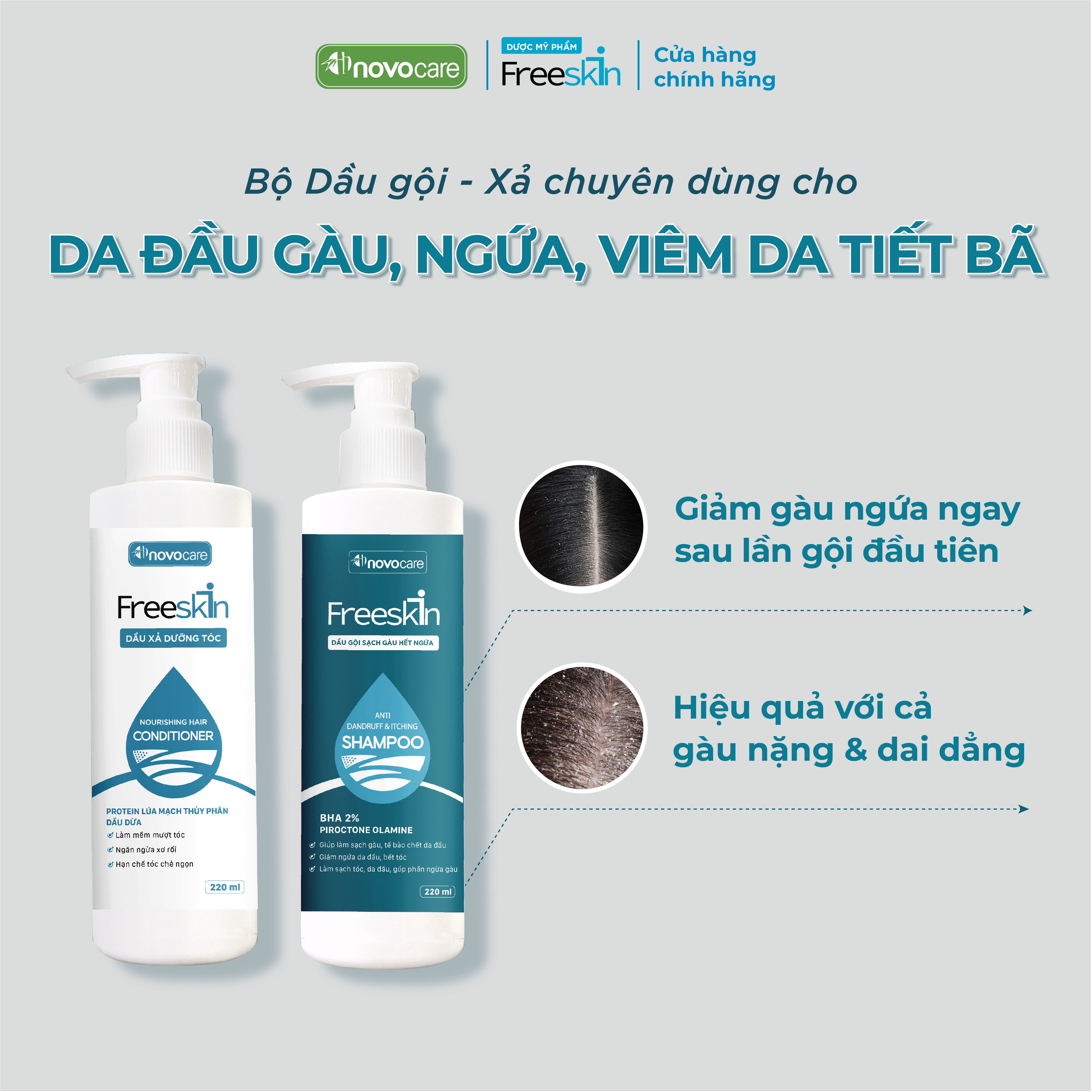 Mô tả Dầu gội sạch gàu hết ngứa & dầu xả dưỡng tóc Novocare - Freeskin 220ml-220ml - 1