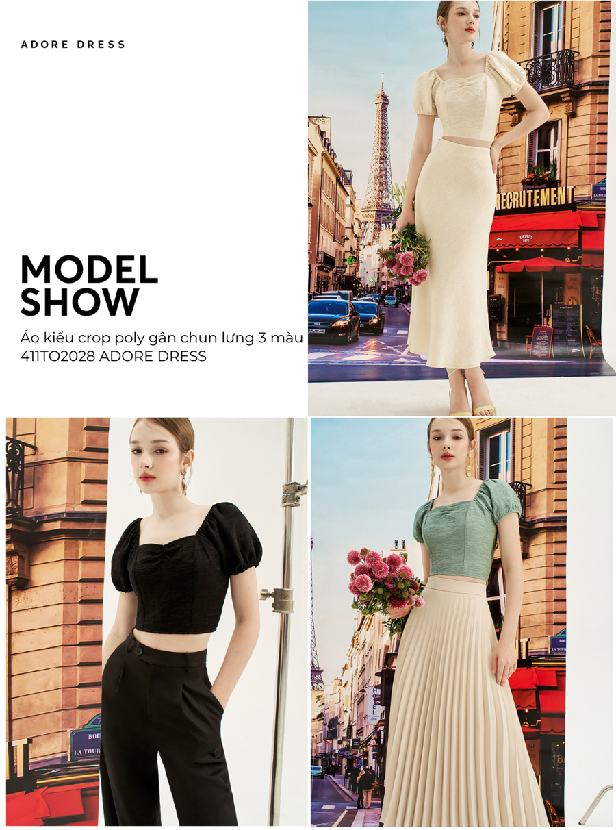 Mô tả Áo kiểu crop poly gân chun lưng Đen/ Cream/ Olive Green 411TO2028 ADORE DRESS - 1