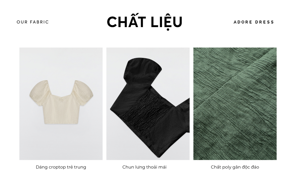 Mô tả Áo kiểu crop poly gân chun lưng Đen/ Cream/ Olive Green 411TO2028 ADORE DRESS - 2
