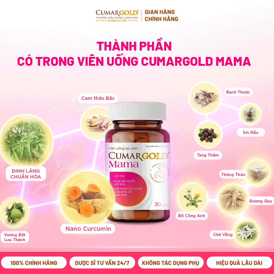 Thành phần của CumarGold Mama: Nano Curcumin, Đinh Lăng và 9 loại thảo mộc quý