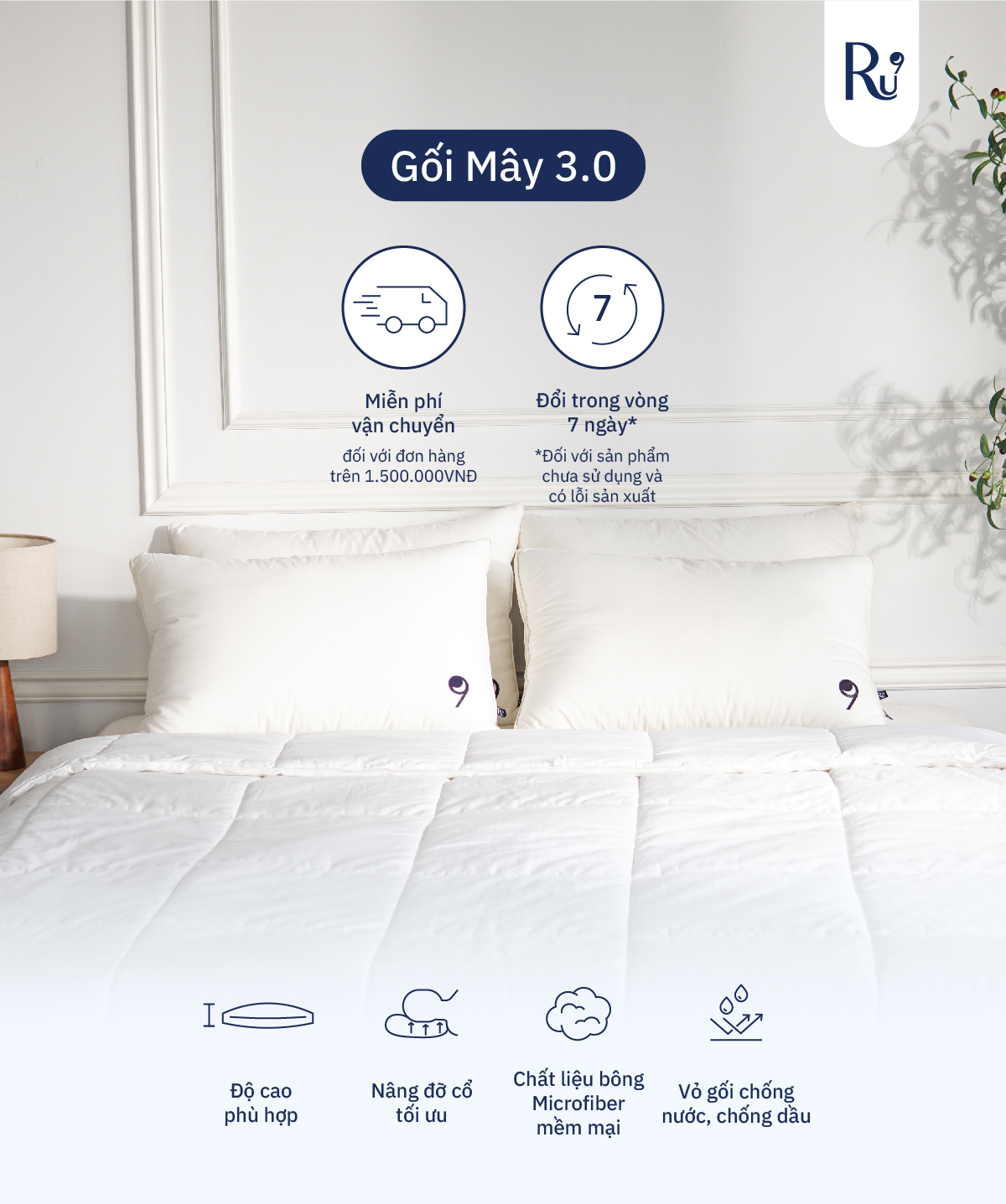 Mô tả Gối Mây Ru9, Chất Liệu Microfiber 3D Tân Tiến, Đặc Biệt Chống Thấm, Nâng Đỡ Cổ - Ôm Trọn Đầu Giúp Ngủ Ngon, 2 Kích Thước - 1