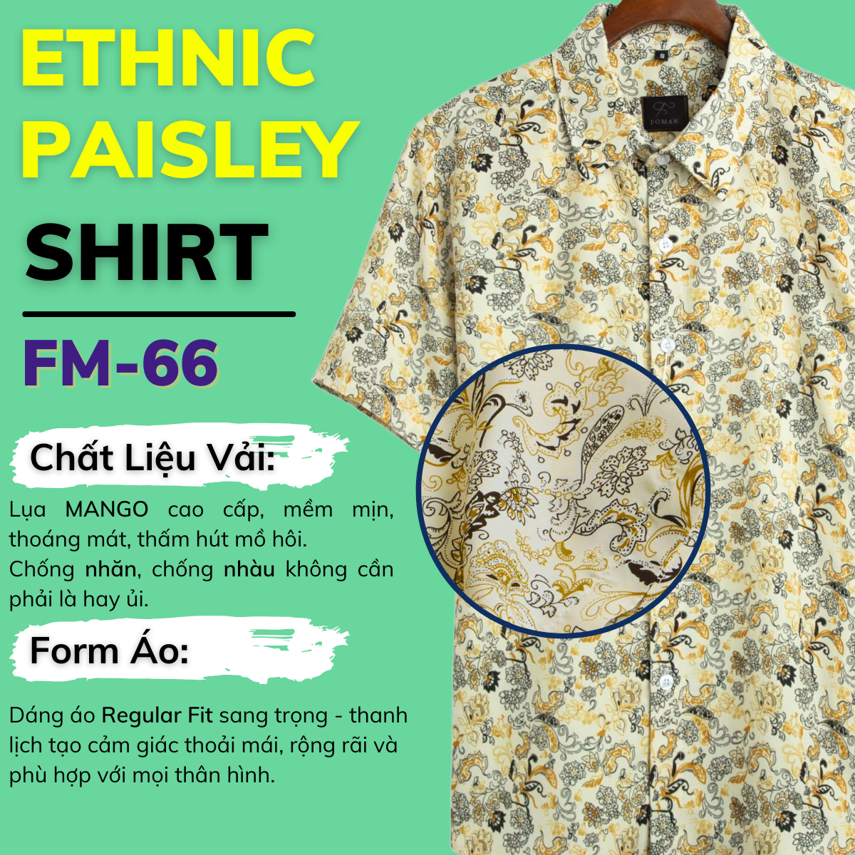 Mô tả Áo sơ mi tay ngắn nam FOMAN chính hãng, hoạ tiết Ethnic Paisley, vải Lụa Mango thoáng mát, thấm hút, mềm mịn, không nhăn - 1