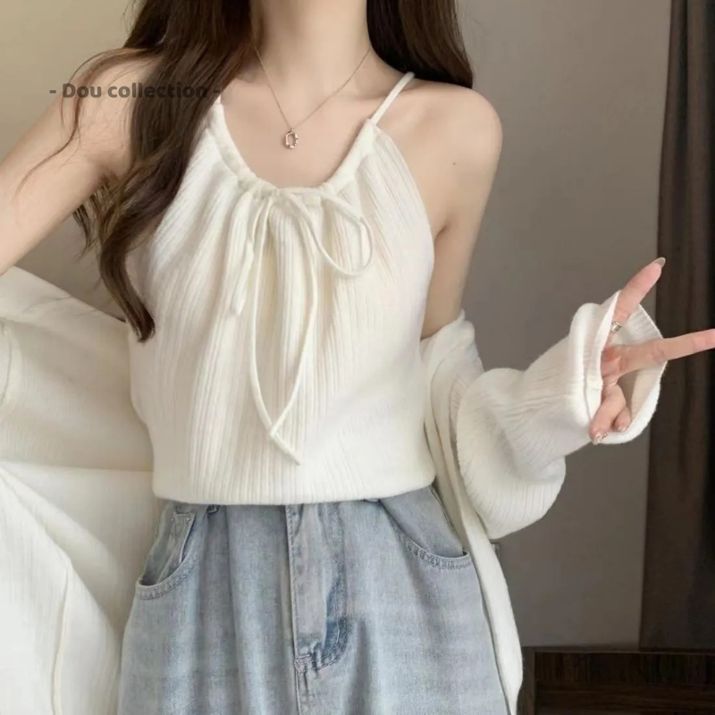 Set Áo Cardigan kèm áo 2 dây cột nơ chất len dệt kim phong cách retro ...