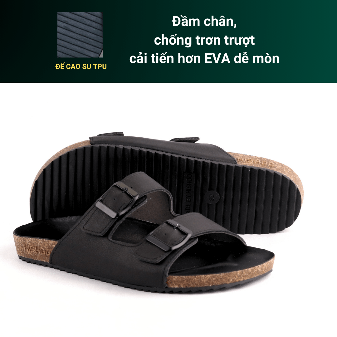 Mô tả Dép đế trấu birken unisex da bò nam nữ MẶT ĐEN 2 khóa quai ngang size 37 - 45 chính hãng Hishoo M093 - 4