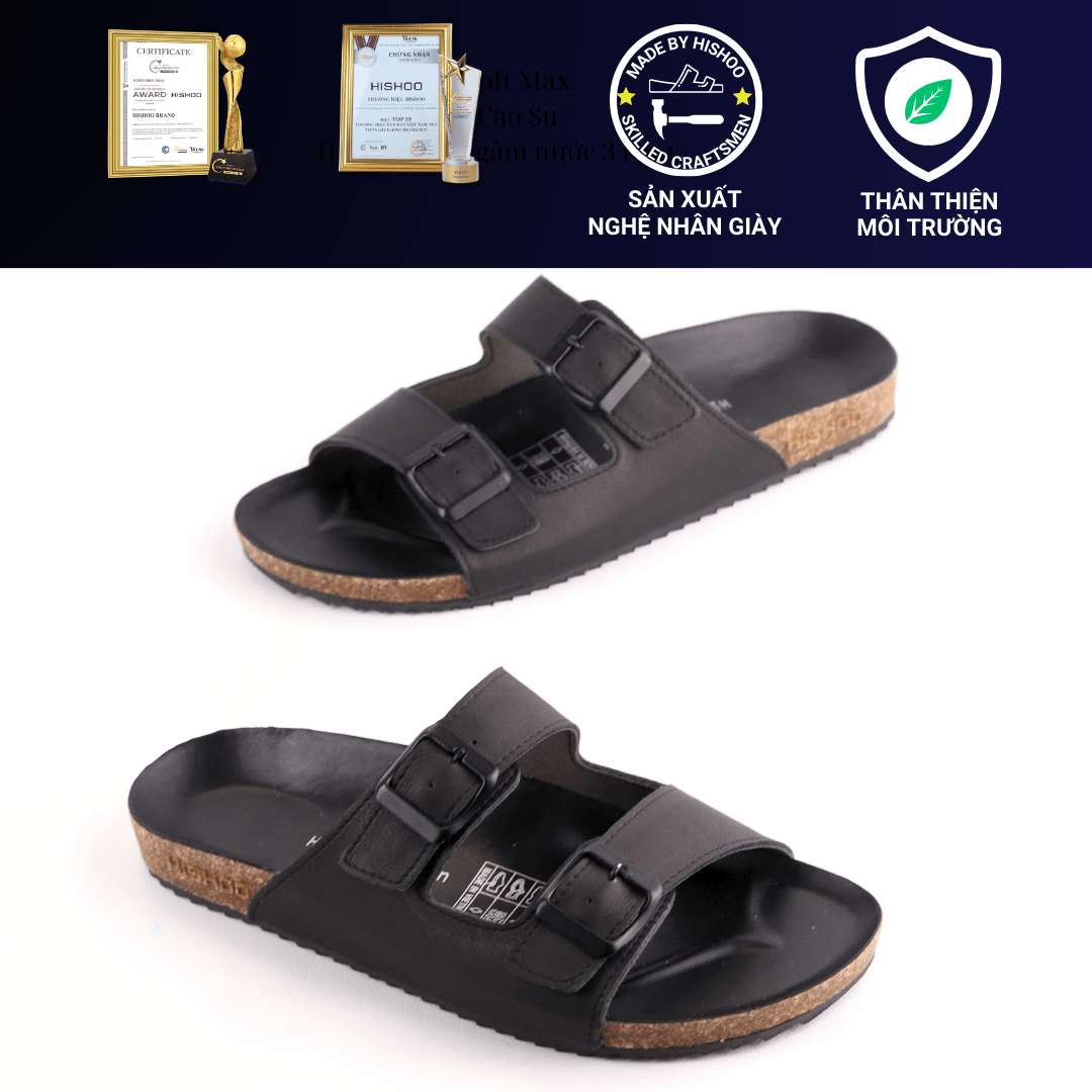 Mô tả Dép đế trấu birken unisex da bò nam nữ MẶT ĐEN 2 khóa quai ngang size 37 - 45 chính hãng Hishoo M093 - 5