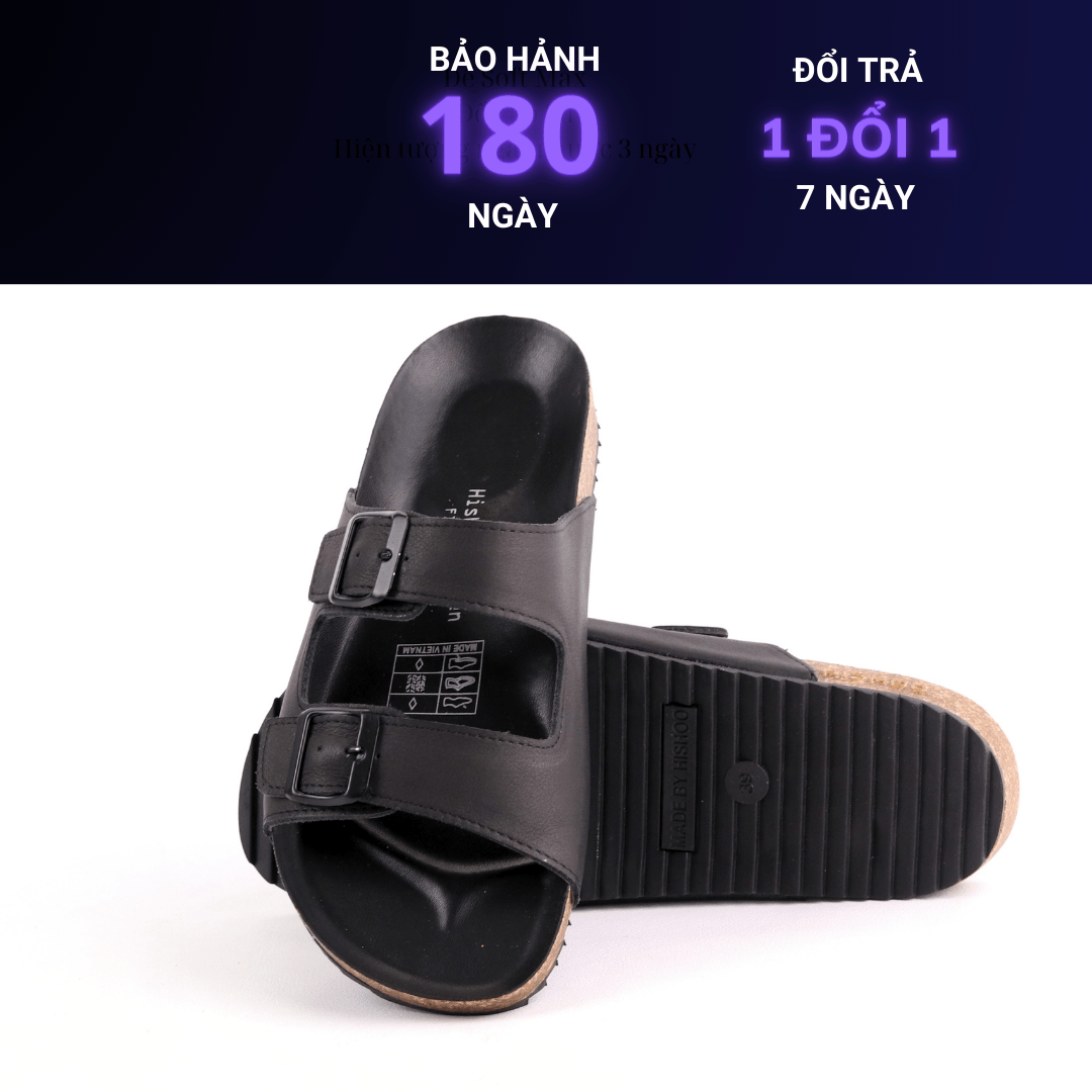 Mô tả Dép đế trấu birken unisex da bò nam nữ MẶT ĐEN 2 khóa quai ngang size 37 - 45 chính hãng Hishoo M093 - 6