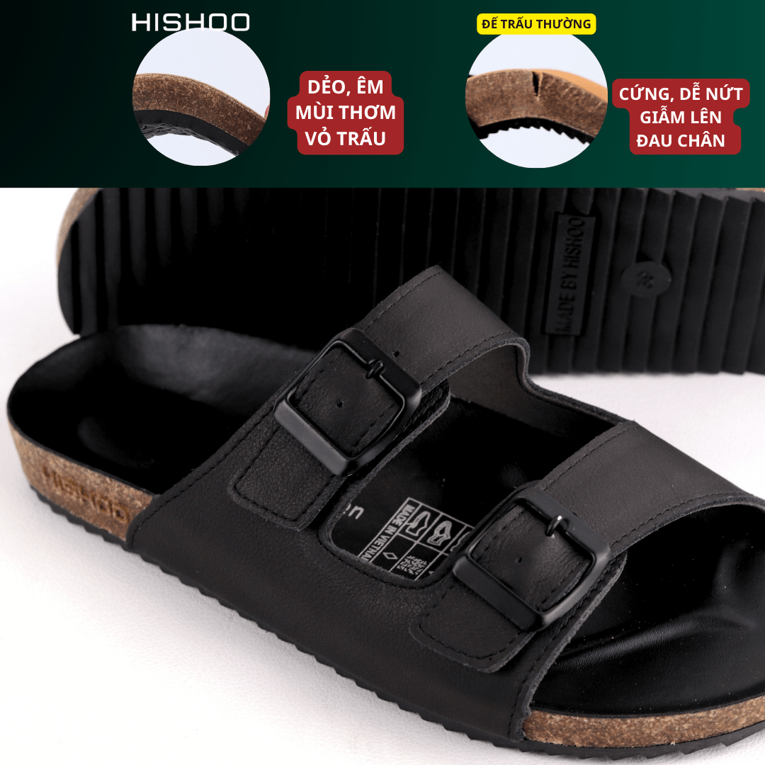 Mô tả Dép đế trấu birken unisex da bò nam nữ MẶT ĐEN 2 khóa quai ngang size 37 - 45 chính hãng Hishoo M093 - 7