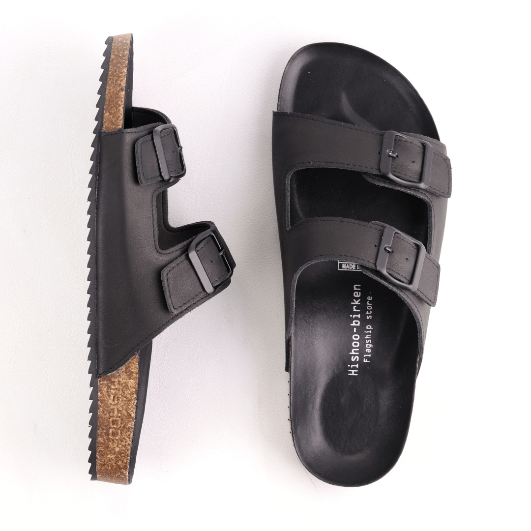 Mô tả Dép đế trấu birken unisex da bò nam nữ MẶT ĐEN 2 khóa quai ngang size 37 - 45 chính hãng Hishoo M093 - 9