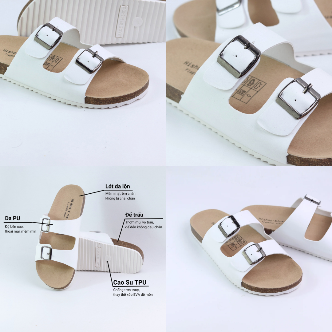 Mô tả Dép Đế Trấu Nam Nữ Birken  2 Khóa Da PU Hishoo S093 - 4