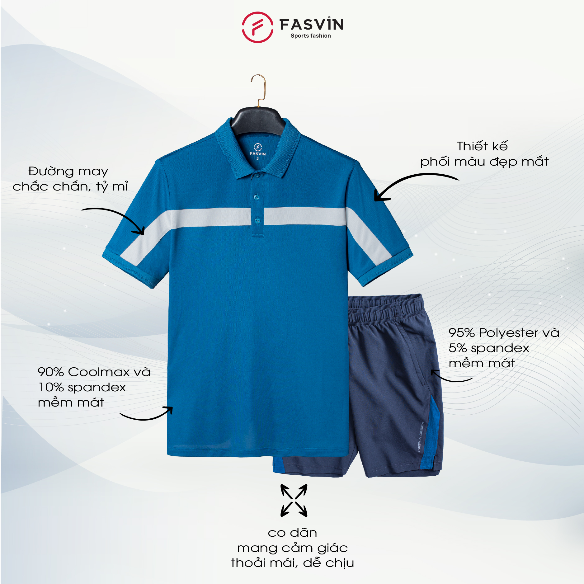 Mô tả Bộ Quần Áo Nam Thể Thao FASVIN PL24626 + Q22508.HN chất vải mềm nhẹ co giãn thoải mái - 1