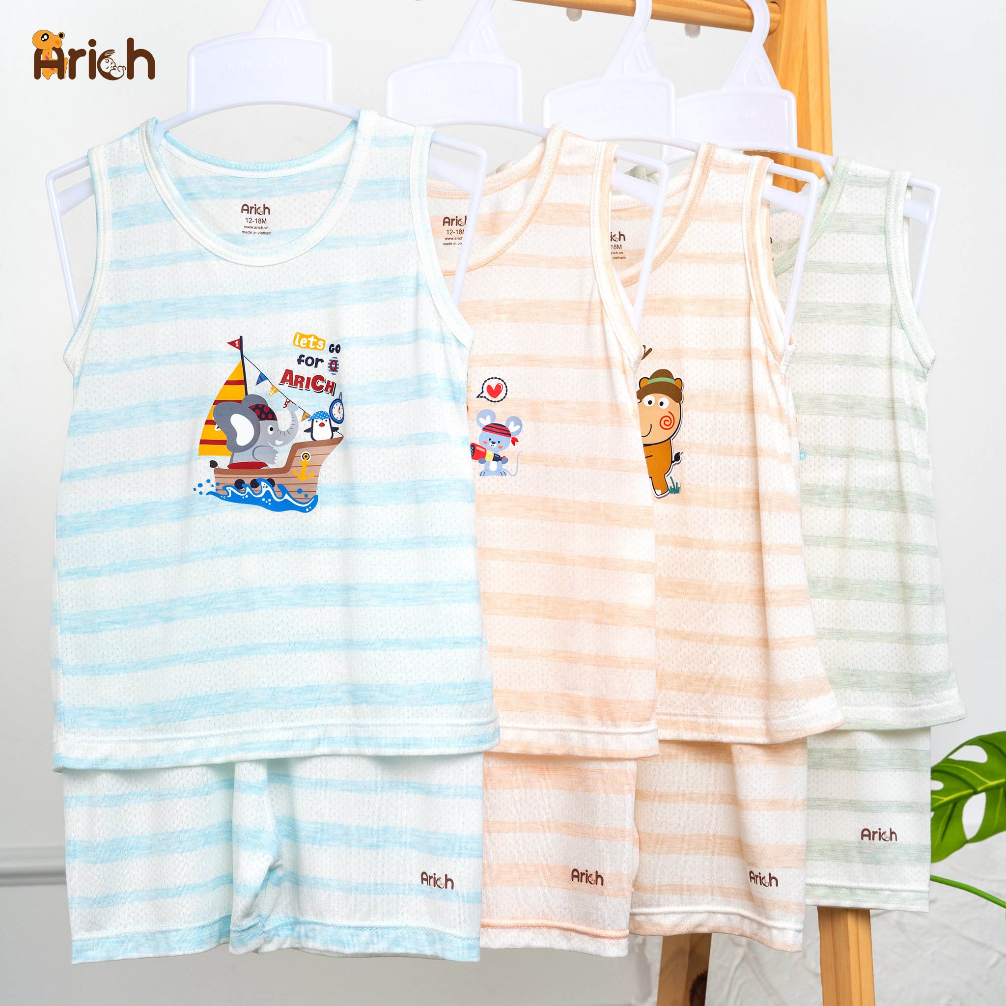 Mô tả Bộ ba lỗ trẻ em mùa hè arich , vải sợi tre thông hơi, mát , rất mát,size 9M đến 5 tuổi - 1