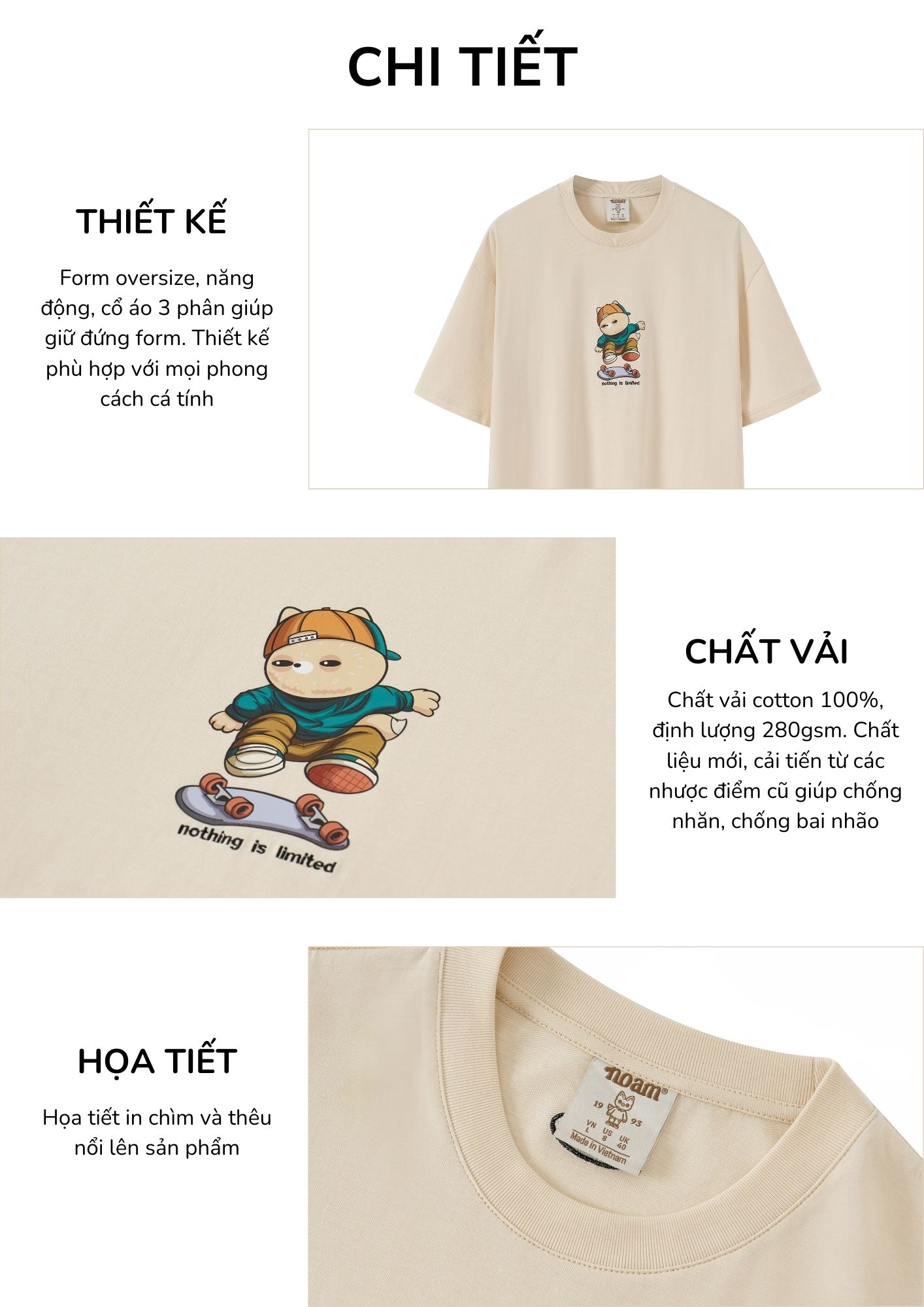 Mô tả Áo thun Form rộng NOAM Nafox Kickflip Unisex 100% Cotton - Màu đen/trắng/be - 2
