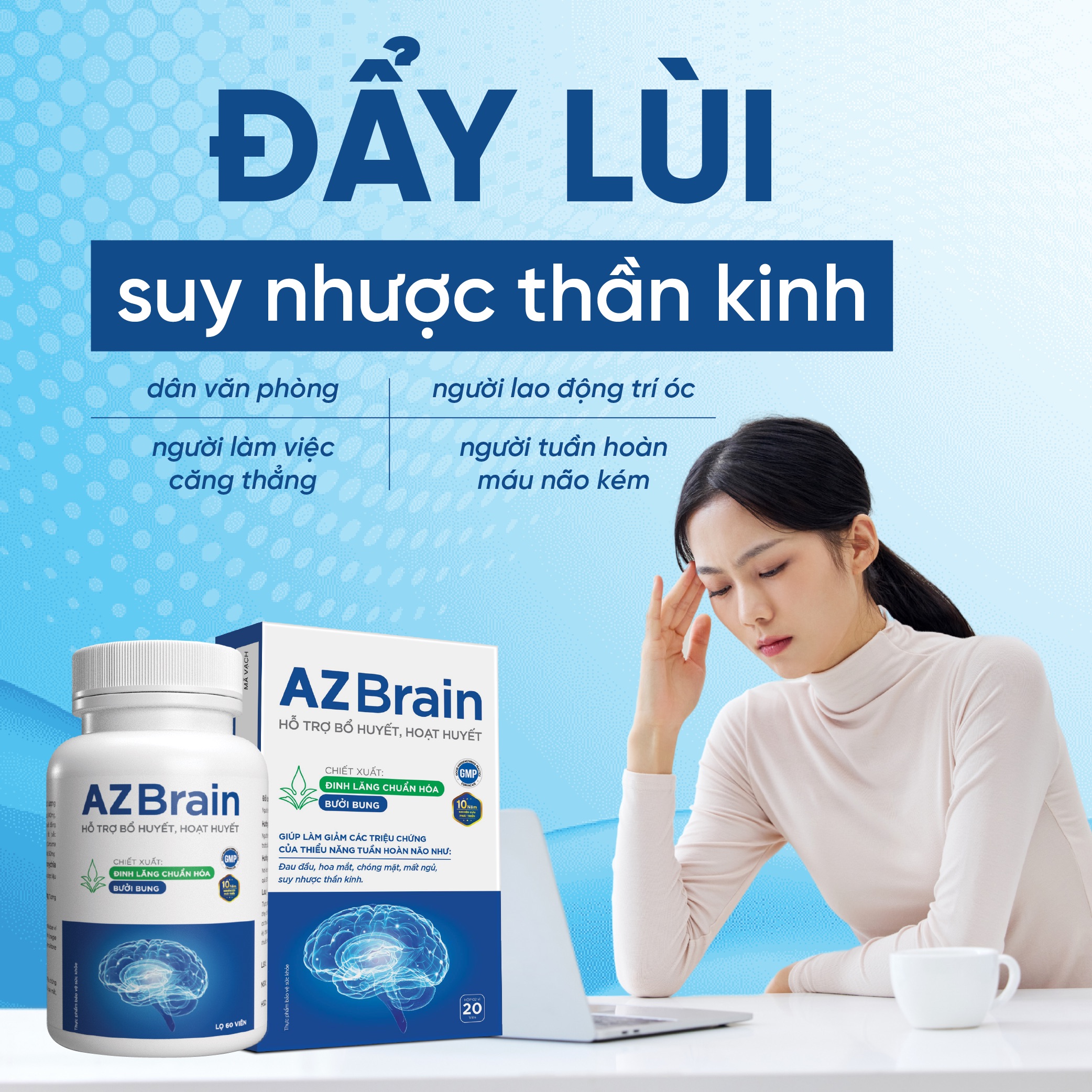 Mô tả Viên uống bổ não Az brain giảm đau đầu, mất ngủ, hết rối loạn tiền đình (Hộp 60 viên) Growgreenaz - 1