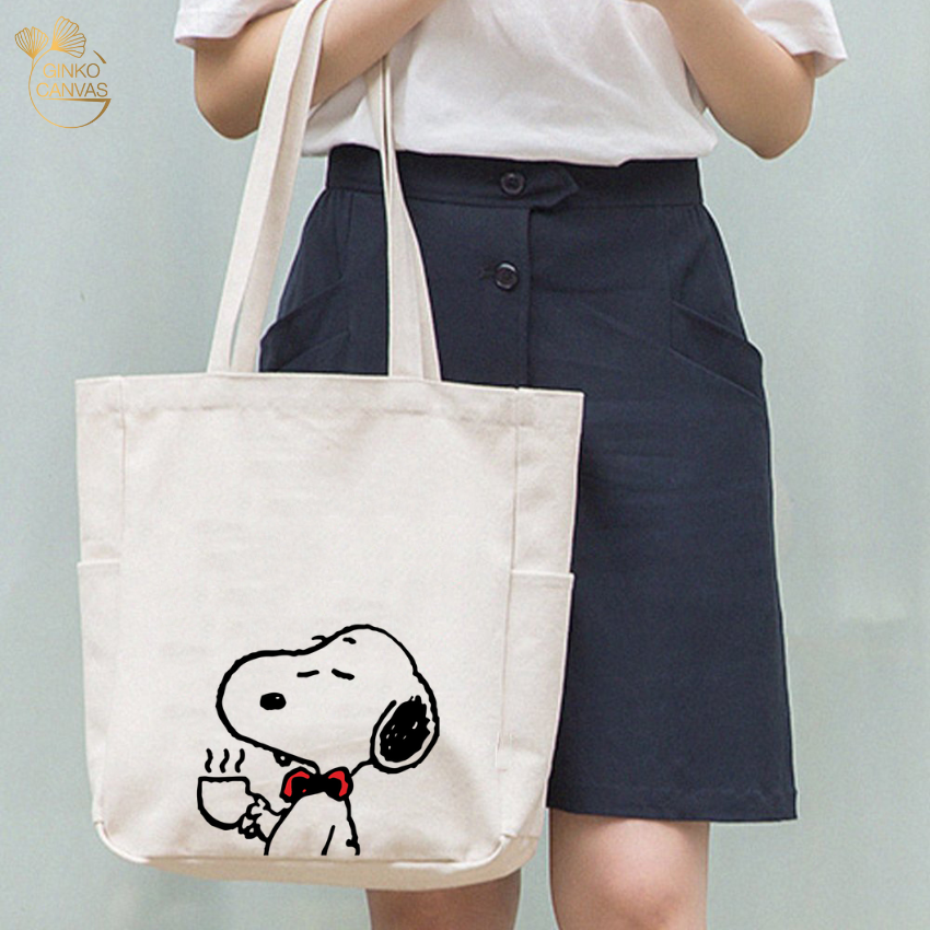 Mô tả Túi Tote Canvas GINKO Unisex Có Dây Kéo Khóa ( túi con) Phong Cách Hàn Quốc In Hình Snoopy- HM102 - 4
