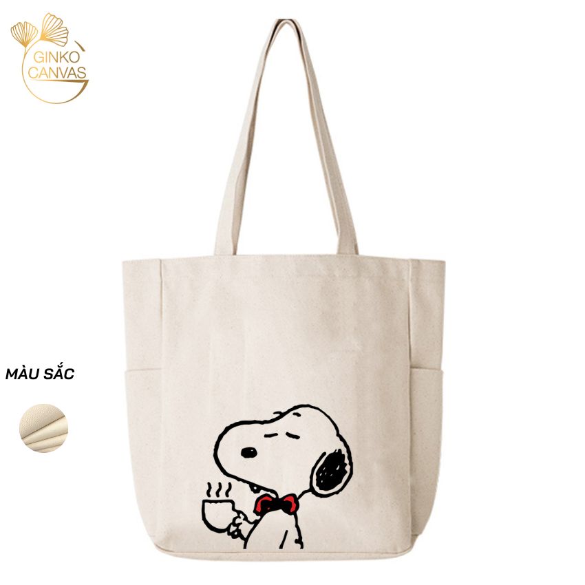 Mô tả Túi Tote Canvas GINKO Unisex Có Dây Kéo Khóa ( túi con) Phong Cách Hàn Quốc In Hình Snoopy- HM102 - 5