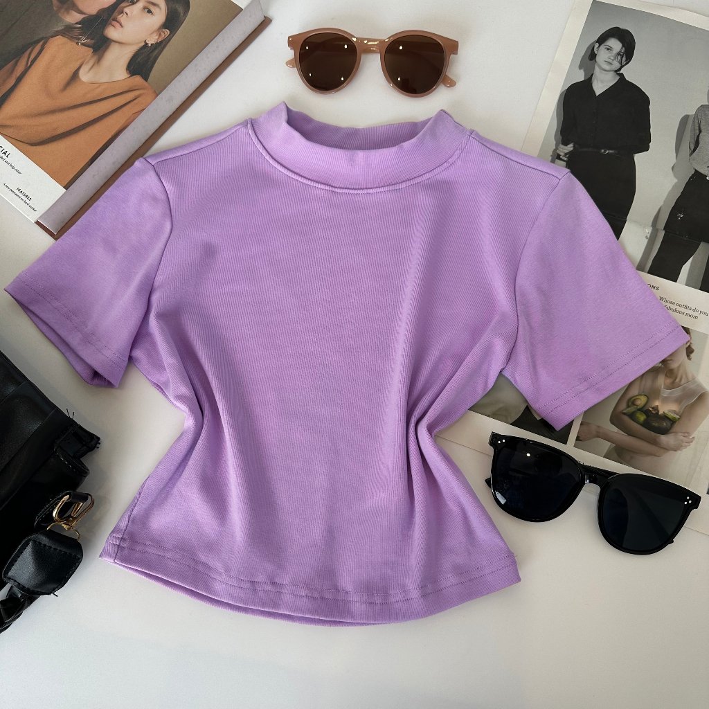Mô tả Áo phông baby tee nữ Choobe croptop cộc tay cổ cao basic ôm body vải cotton co giãn tốt A86 - 1