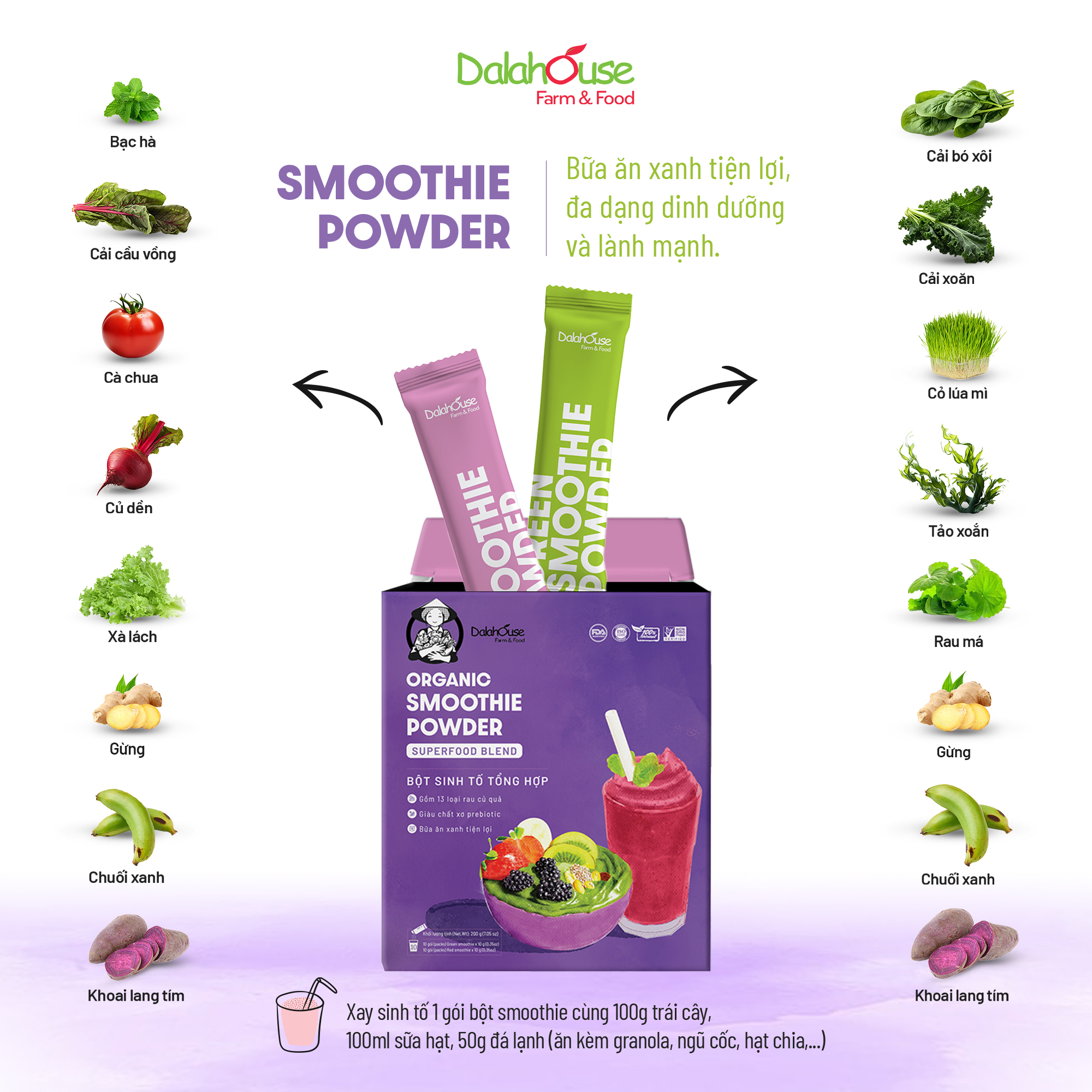 Mô tả Bột sinh tố 13 loại rau củ tổng hợp Dalahouse Organic Smoothie Powder - 1