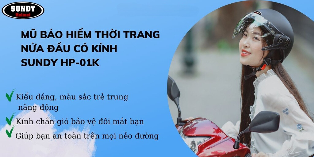 Mô tả Mũ bảo hiểm nửa đầu có kính SUNDY HP-01K thời trang, nhiều màu sắc cá tính, nón Freesize - vòng đầu 55-59cm - 1