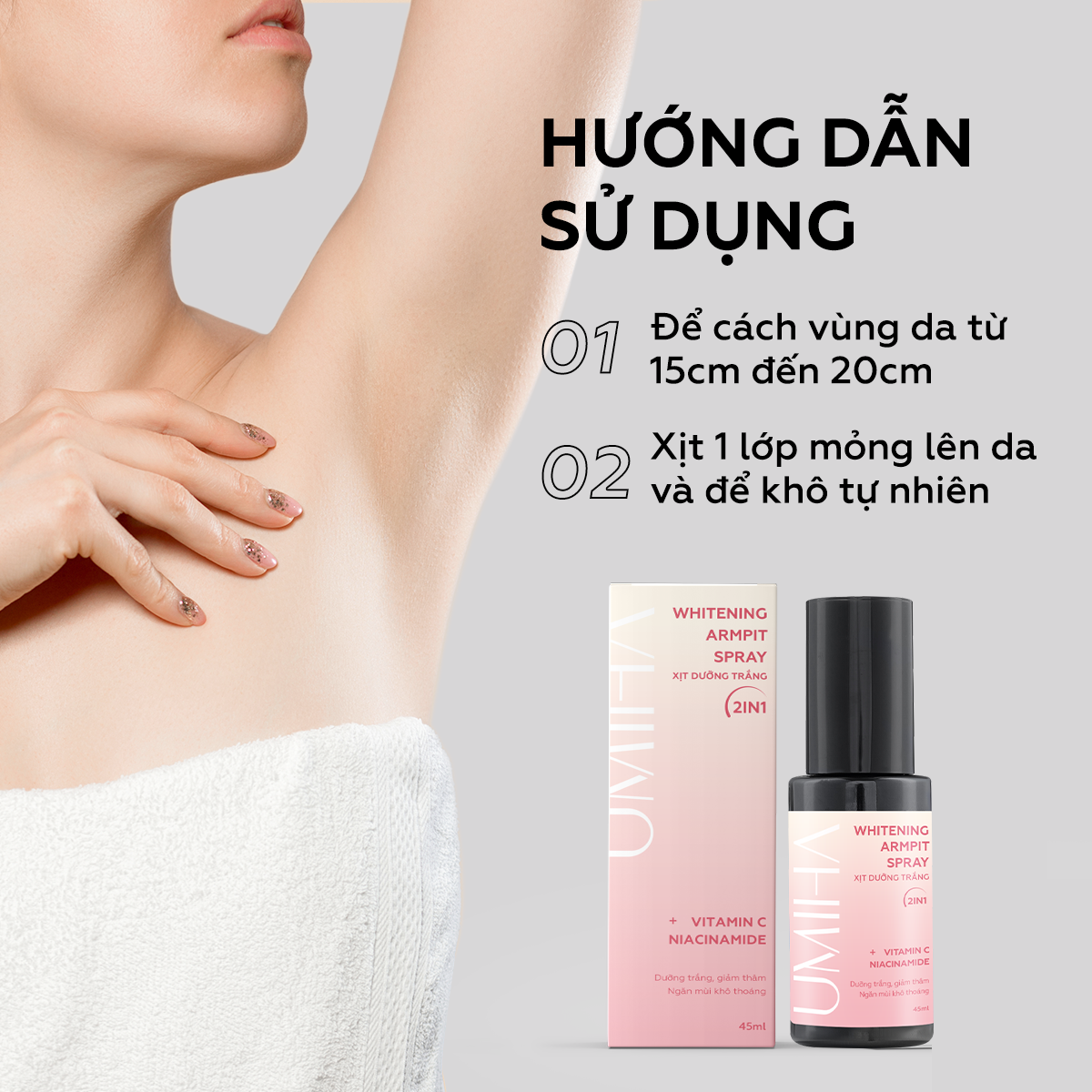Mô tả Giảm thâm nách dưỡng trắng nách UMIHA 45ml - Xịt dưỡng trắng da nách mịn da, mờ thâm nách sạm nách với Niacinamide - 3