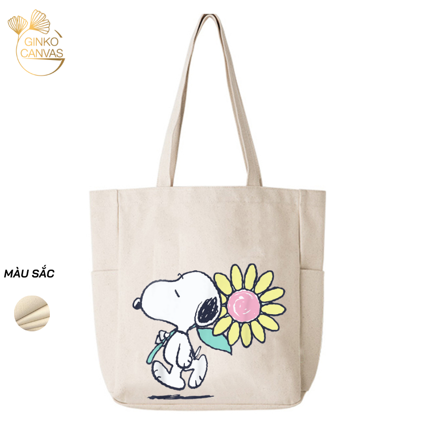 Mô tả Túi Tote Canvas GINKO Unisex Có Dây Kéo Khóa ( túi con) Phong Cách Hàn Quốc In Hình Snoopy- Hoa - 3